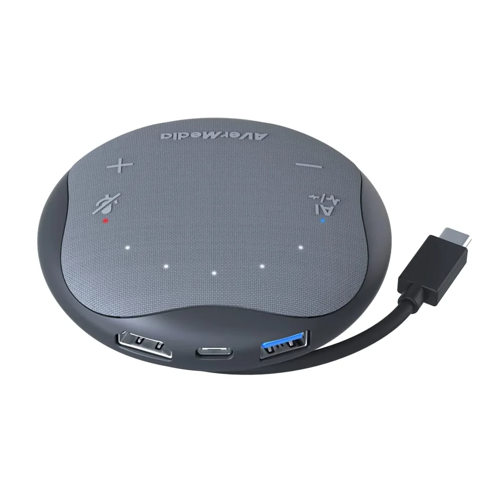 AVerMedia Pocket Speakerphone AS315 Works with Zoom and Teams, USB-C Docking Station, USB Hub, Portable Conference Speaker and Microphone, AI Noise Reduction