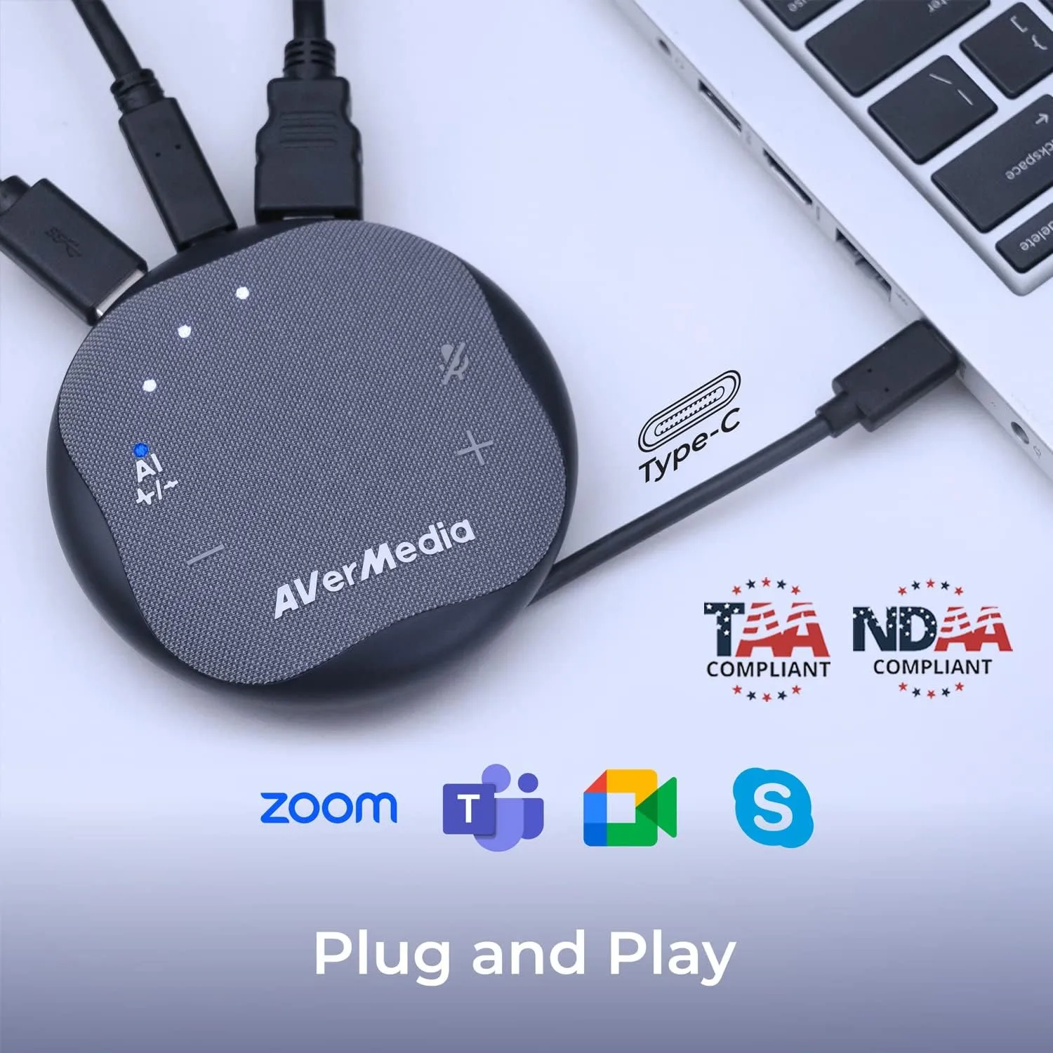 AVerMedia Pocket Speakerphone AS315 Works with Zoom and Teams, USB-C Docking Station, USB Hub, Portable Conference Speaker and Microphone, AI Noise Reduction