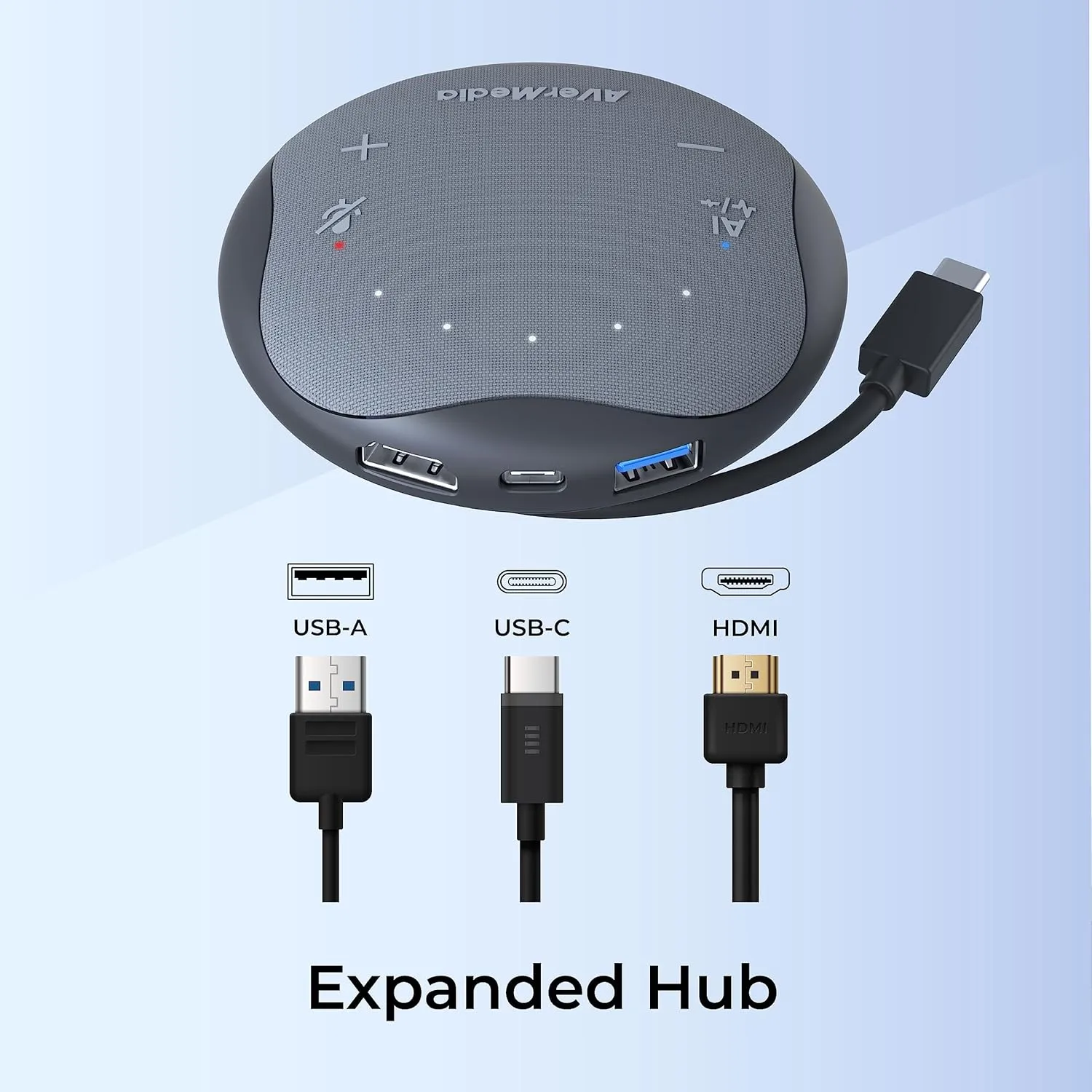 AVerMedia Pocket Speakerphone AS315 Works with Zoom and Teams, USB-C Docking Station, USB Hub, Portable Conference Speaker and Microphone, AI Noise Reduction
