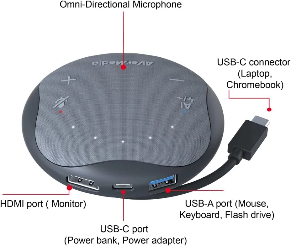 AVerMedia Pocket Speakerphone AS315 Works with Zoom and Teams, USB-C Docking Station, USB Hub, Portable Conference Speaker and Microphone, AI Noise Reduction