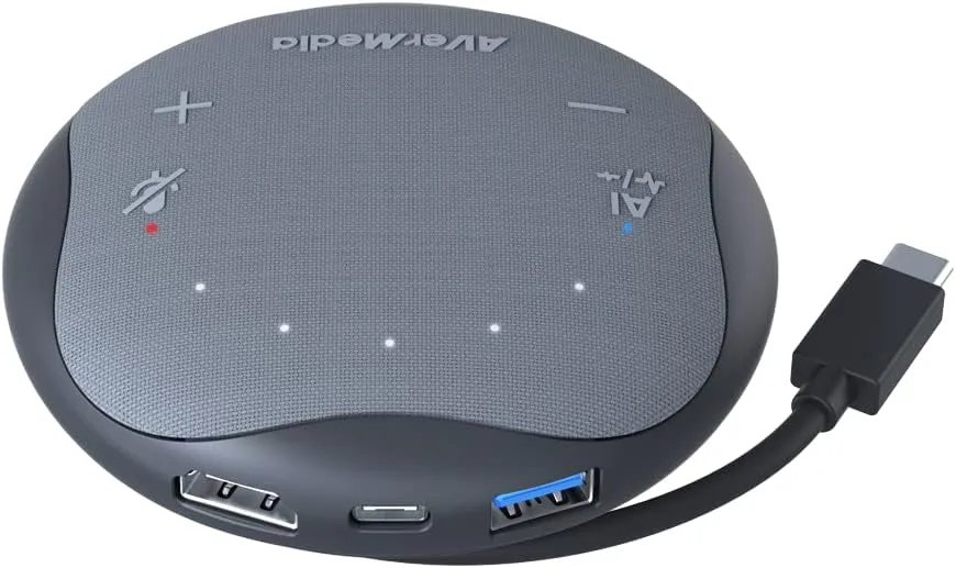 AVerMedia Pocket Speakerphone AS315 Works with Zoom and Teams, USB-C Docking Station, USB Hub, Portable Conference Speaker and Microphone, AI Noise Reduction