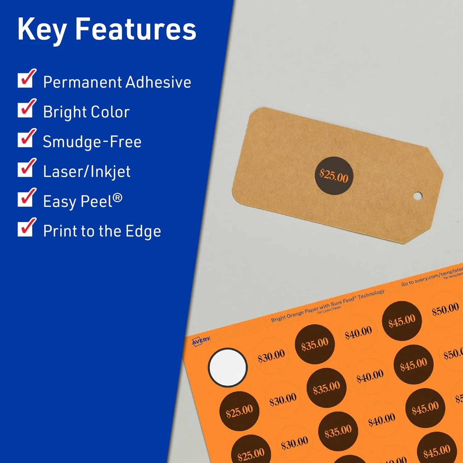 Avery Printable Round Labels, Sure Feed Technology, 3/4" Diameter, Bright Orange Labels, Print-to-The-Edge, Laser/Inkjet