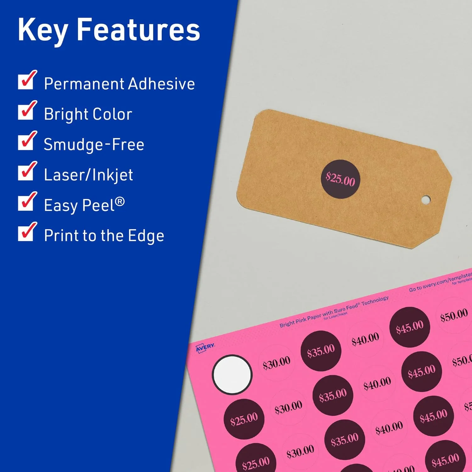 AVERY Printable Round Labels, Sure Feed Technology, 3/4" Diameter, Bright Pink, Print-to-The-Edge, Laser/Inkjet