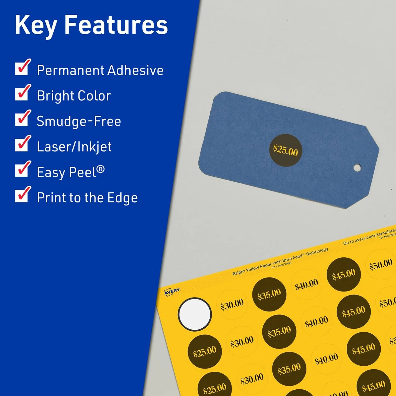 Avery Printable Round Labels, Sure Feed Technology, 1" Diameter, Bright Yellow, Print-to-The-Edge, Laser/Inkjet