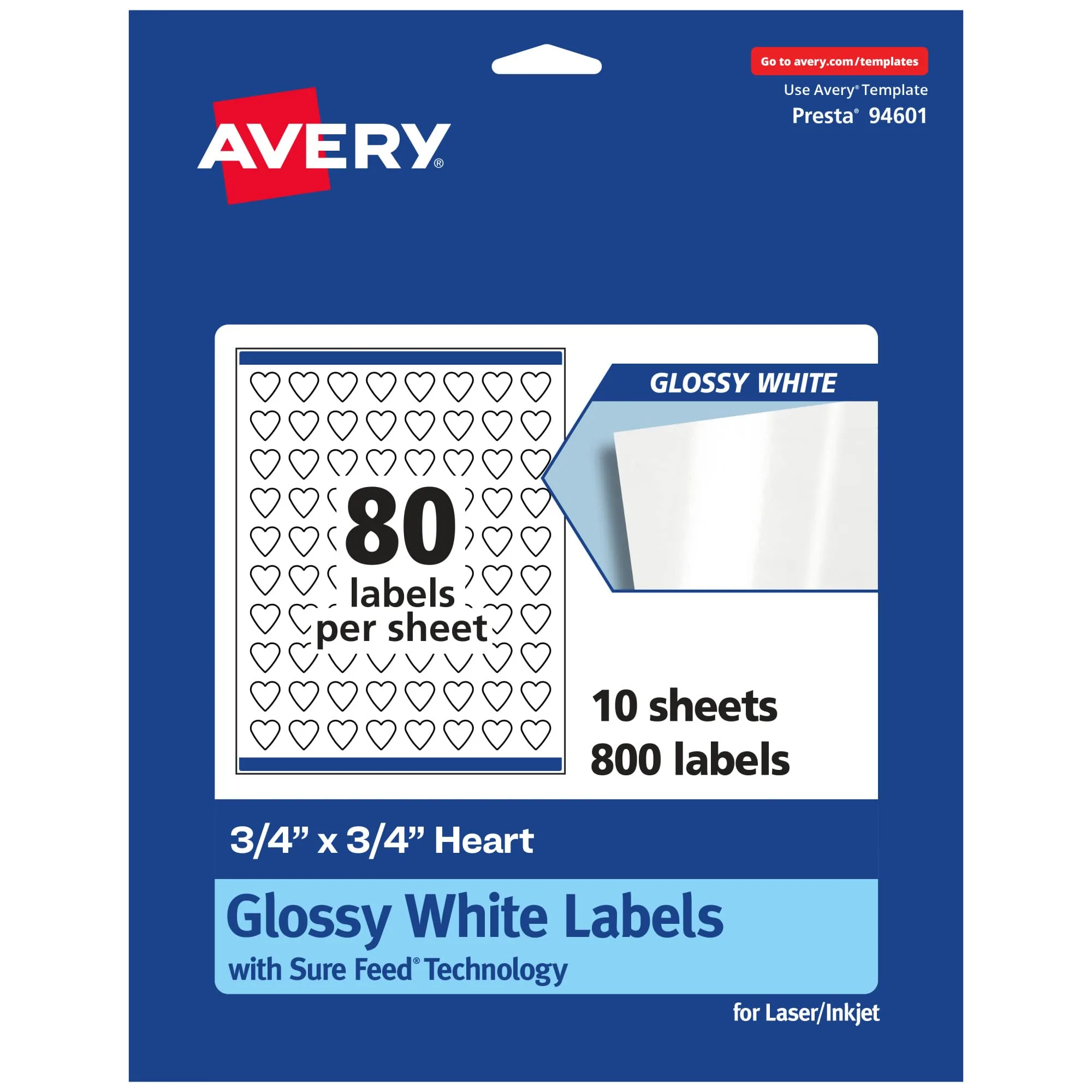 Avery Glossy White Heart Labels, Sure Feed Technology, 0.75" x 0.75", Print-to-The-Edge, Permanent Adhesive