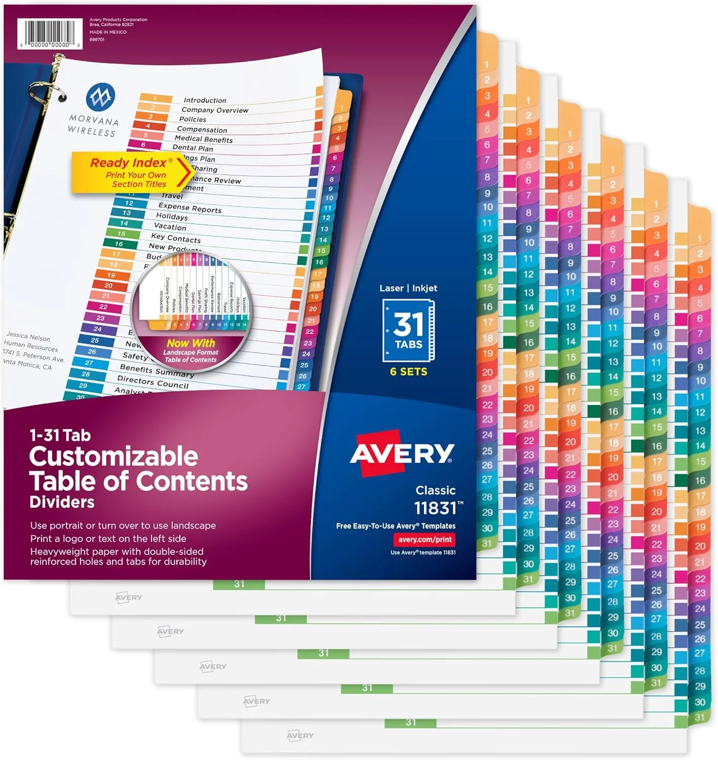 Avery 1-31 Tab Dividers for 3 Ring Binders, Customizable Table of Contents, Multicolor Tabs, 6 Sets (11831)