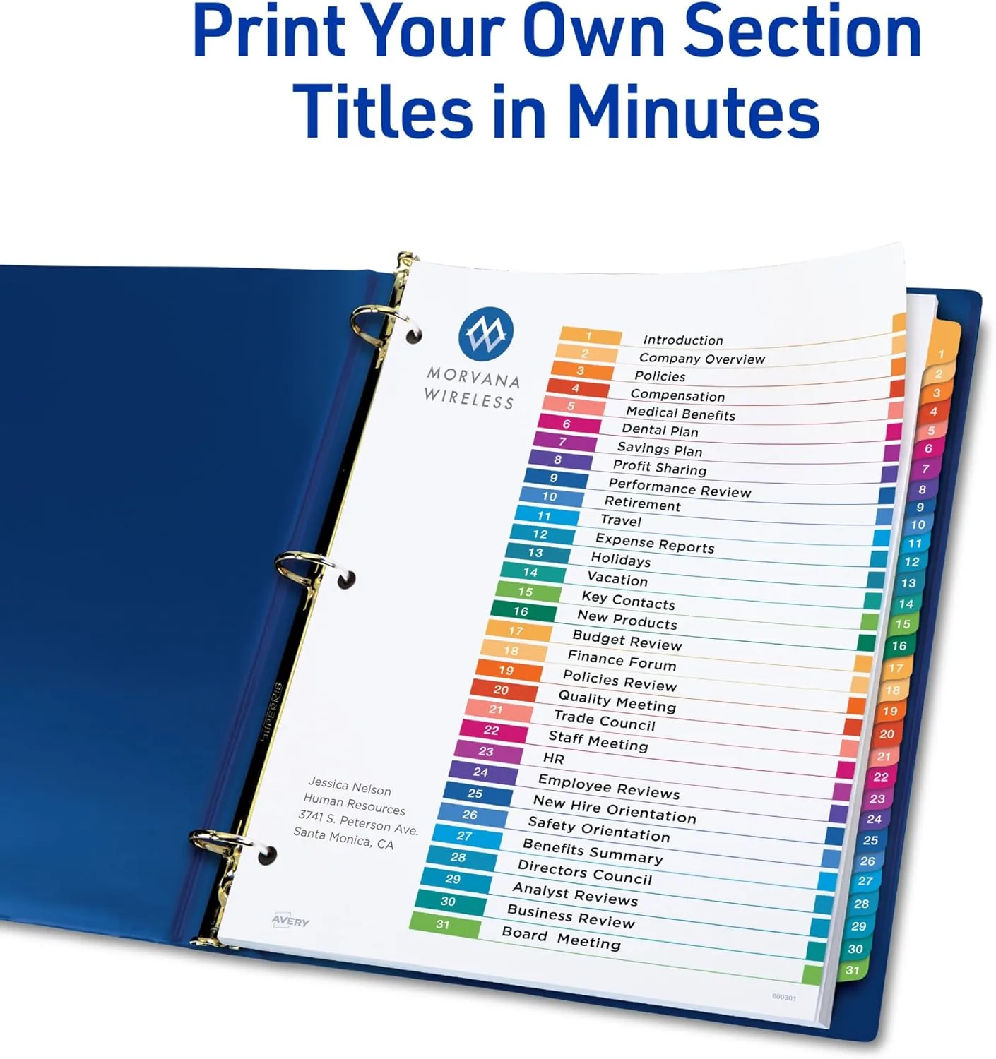 Avery 1-31 Tab Dividers for 3 Ring Binders, Customizable Table of Contents, Multicolor Tabs, 6 Sets (11831)
