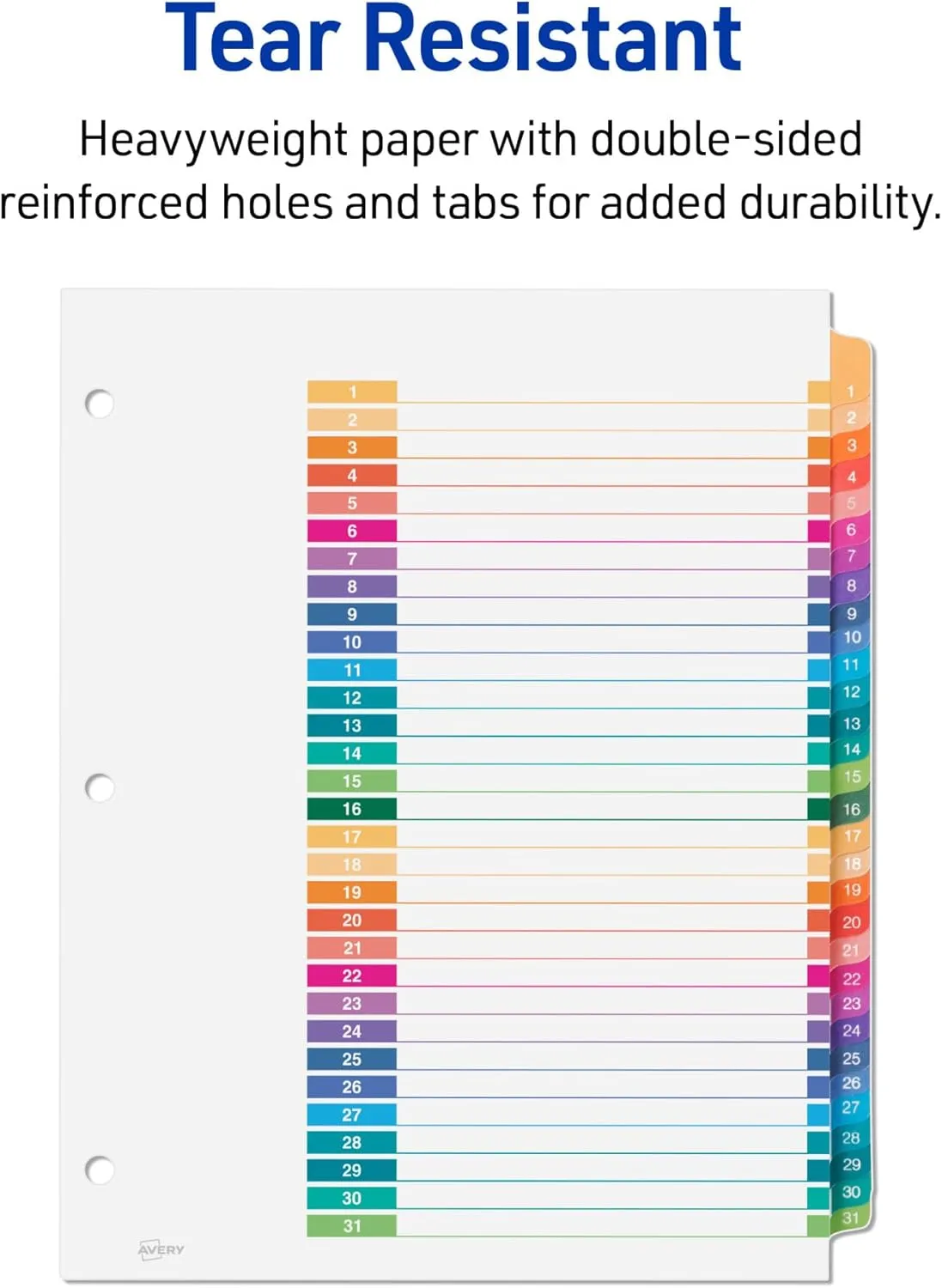Avery 1-31 Tab Dividers for 3 Ring Binders, Customizable Table of Contents, Multicolor Tabs, 6 Sets (11831)