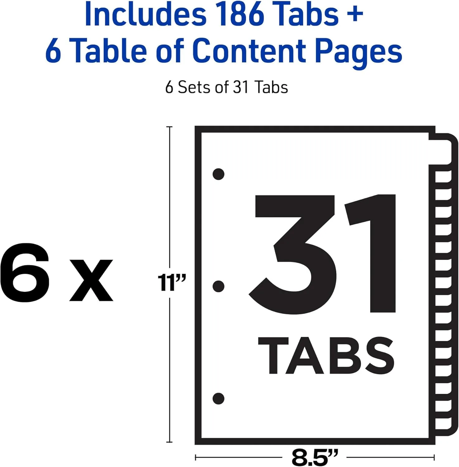 Avery 1-31 Tab Dividers for 3 Ring Binders, Customizable Table of Contents, Multicolor Tabs, 6 Sets (11831)