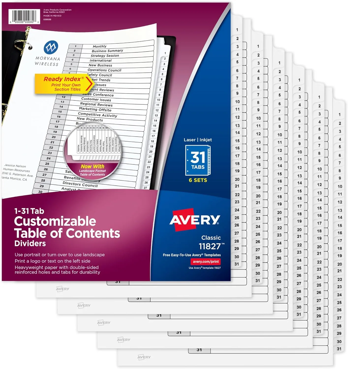 Avery 1-31 Tab Dividers for 3 Ring Binders, Customizable Table of Contents, Classic White Tabs, 6 Sets (11827)
