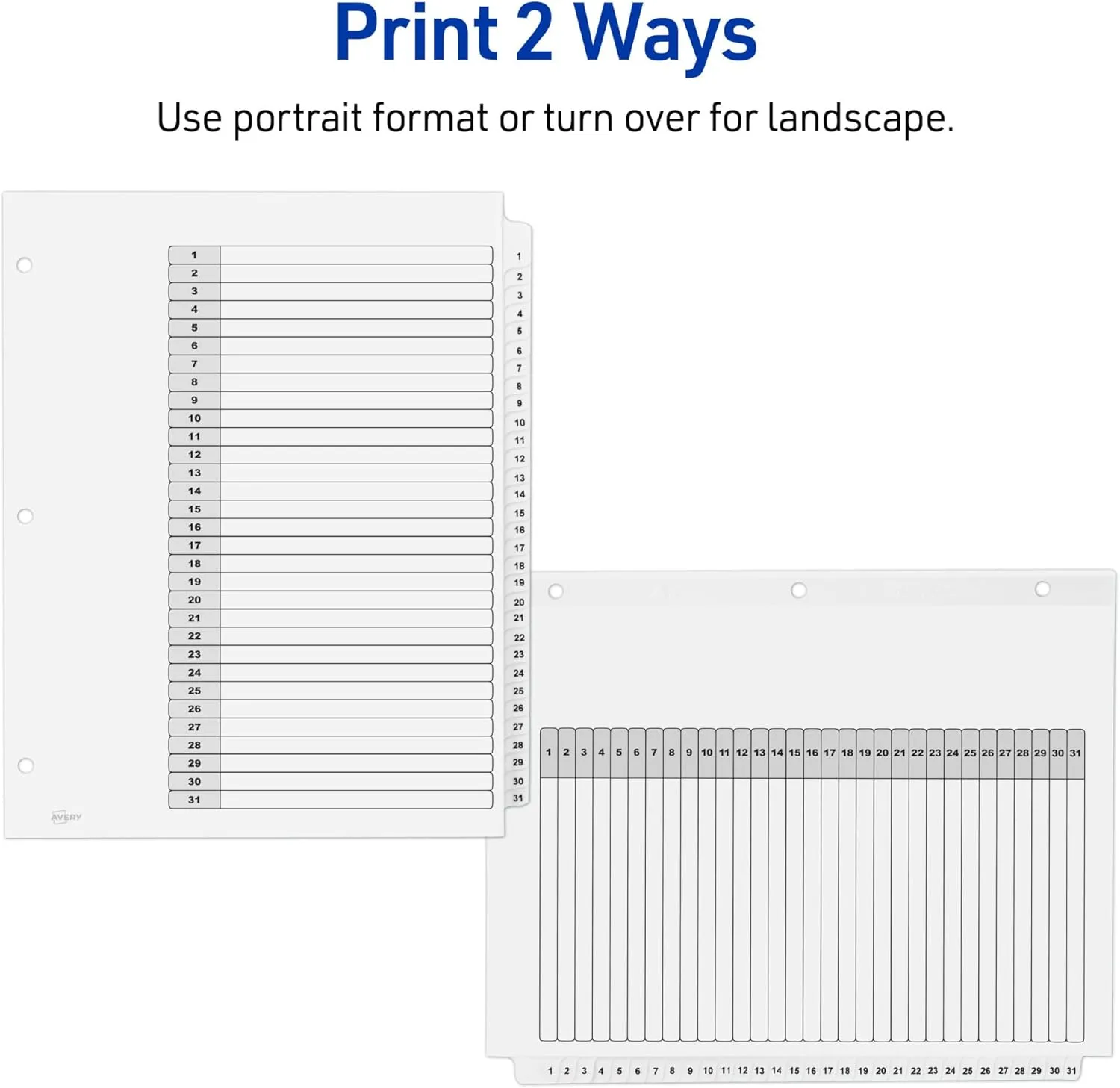 Avery 1-31 Tab Dividers for 3 Ring Binders, Customizable Table of Contents, Classic White Tabs, 6 Sets (11827)