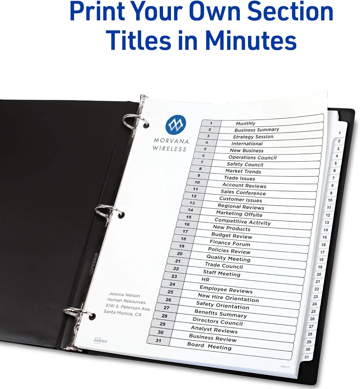 Avery 1-31 Tab Dividers for 3 Ring Binders, Customizable Table of Contents, Classic White Tabs, 6 Sets (11827)