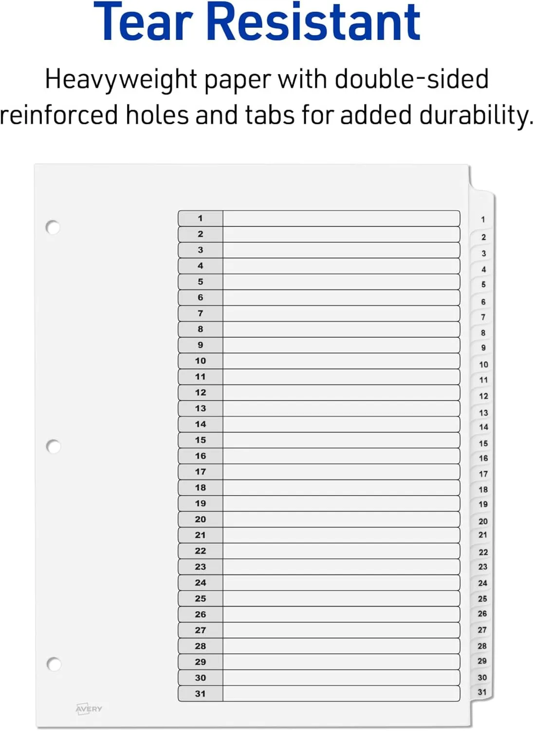 Avery 1-31 Tab Dividers for 3 Ring Binders, Customizable Table of Contents, Classic White Tabs, 6 Sets (11827)