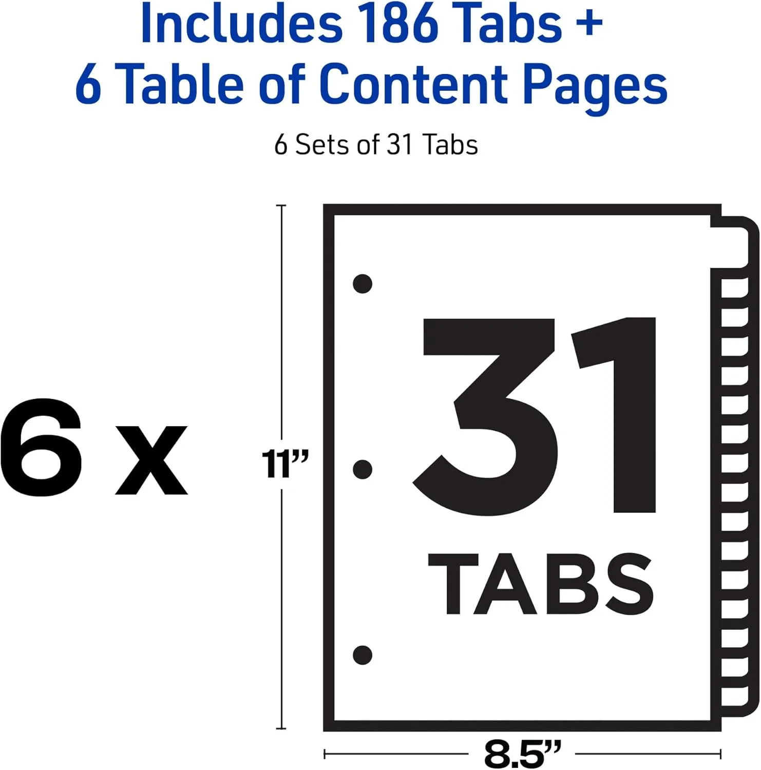 Avery 1-31 Tab Dividers for 3 Ring Binders, Customizable Table of Contents, Classic White Tabs, 6 Sets (11827)