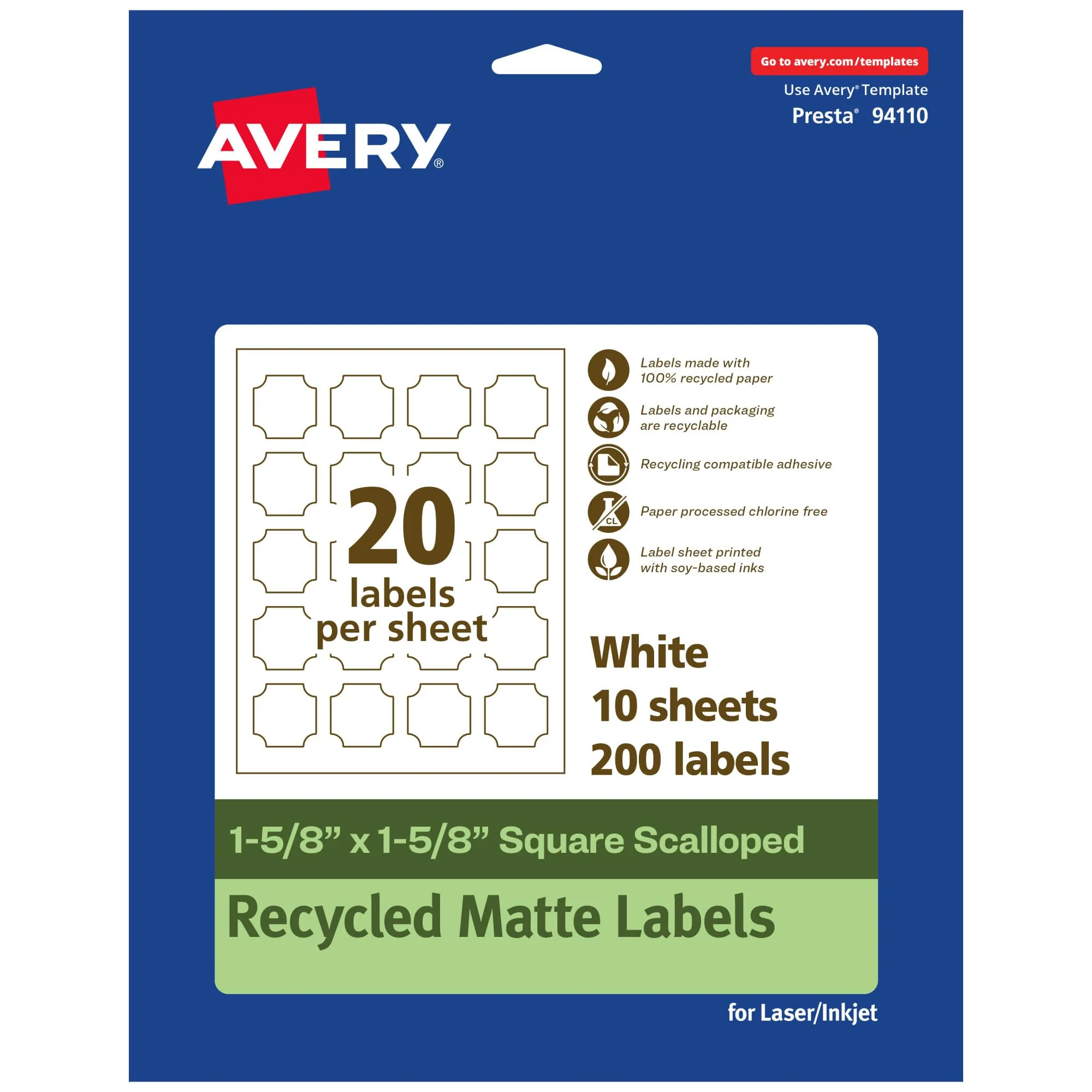 Avery EcoFriendly Matte White Recycled Square Scalloped Labels, 1-5/8" x 1-5/8", Print-to-The-Edge, Matte White Labels