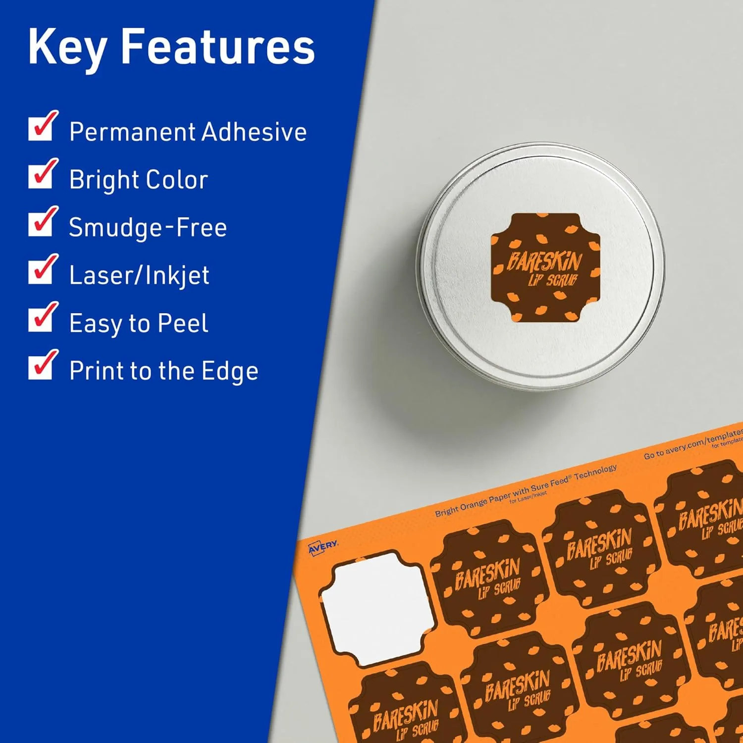 Avery Printable Square Scalloped Labels, Sure Feed Technology, 1-5/8" x 1-5/8", Bright Orange, Print-to-The-Edge