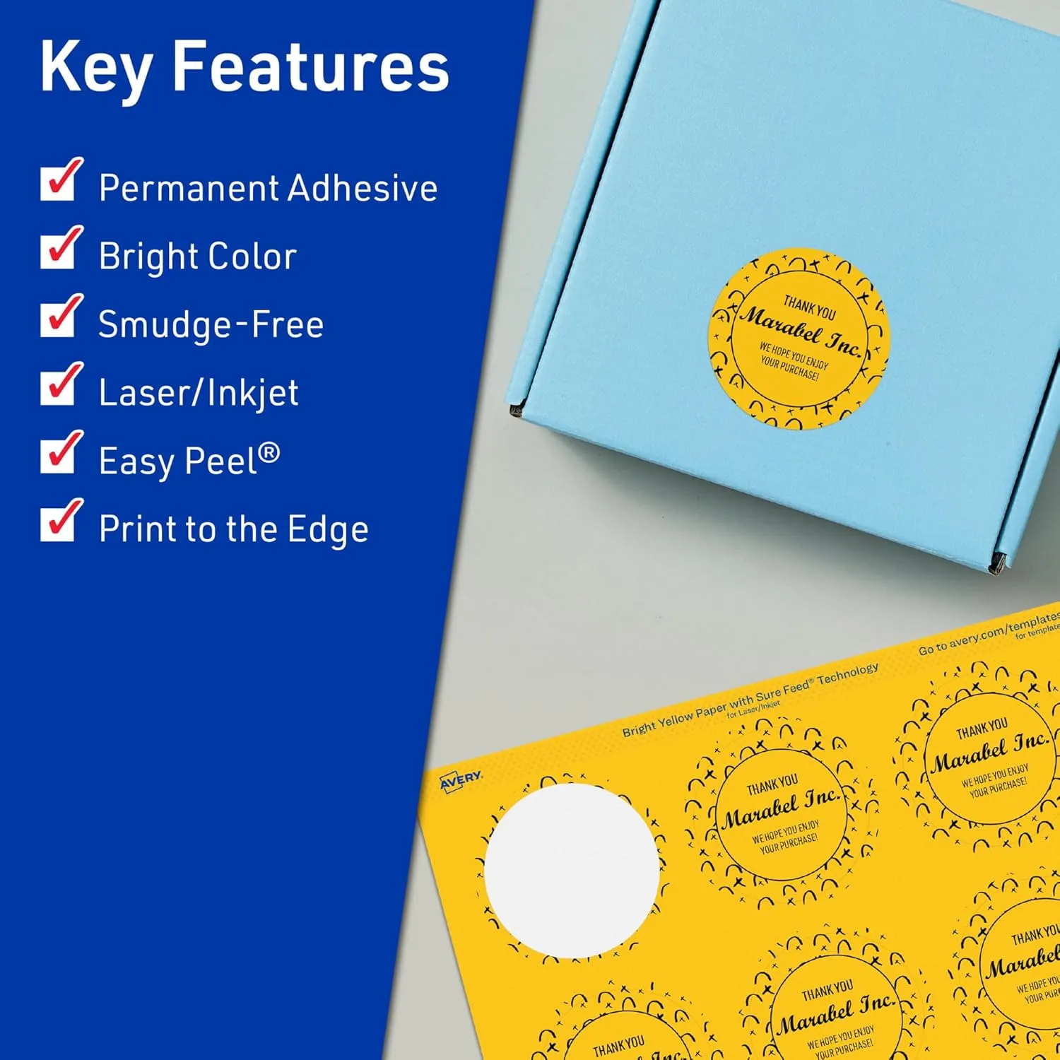 Avery Printable Round Labels, Sure Feed Technology, 1-2/3" Diameter, Bright Yellow Labels, Print-to-The-Edge