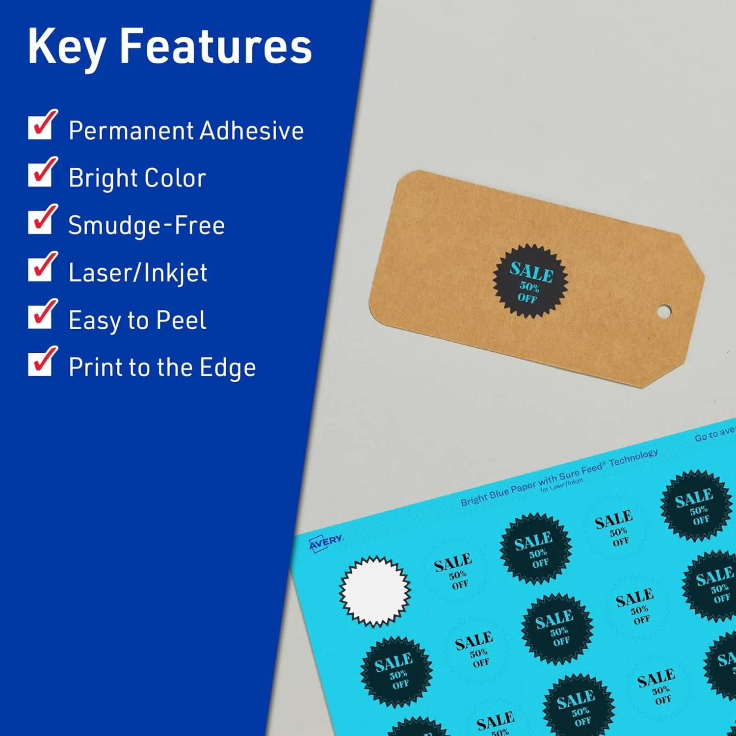Avery Printable Starburst Labels, Sure Feed Technology, 1", Bright Blue Labels, Print-to-The-Edge, Laser/Inkjet, 480 Total