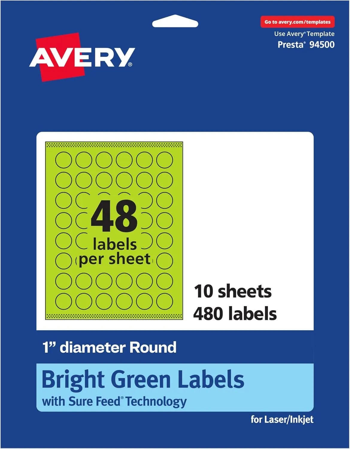 Avery Printable Round Labels, Sure Feed Technology, 1" Diameter, Bright Green Labels, Print-to-The-Edge, Laser/Inkjet