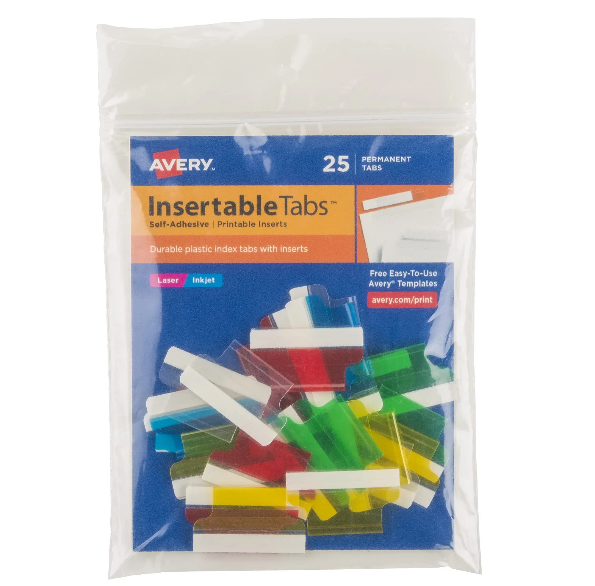 Avery Insertable Self-Adhesive Tabs with Printable Inserts, 1 in, Assorted, Pack of 25 (16219)