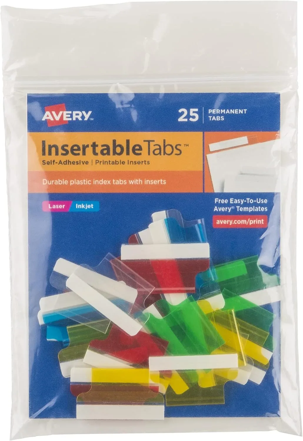Avery Insertable Self-Adhesive Tabs with Printable Inserts, 1 in, Assorted, Pack of 25 (16219)