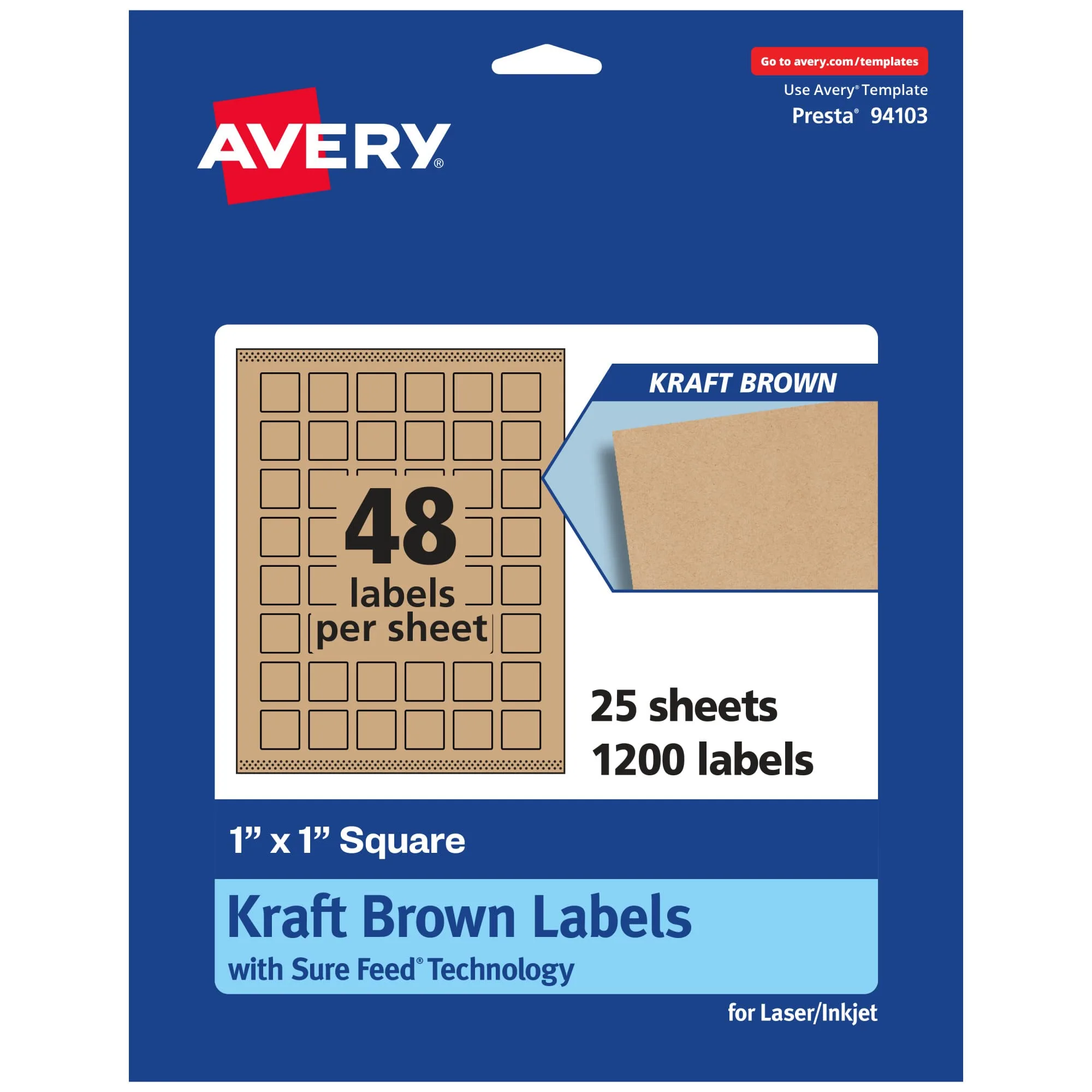 Avery Kraft Brown Square Labels, Sure Feed Technology, 1" x 1"