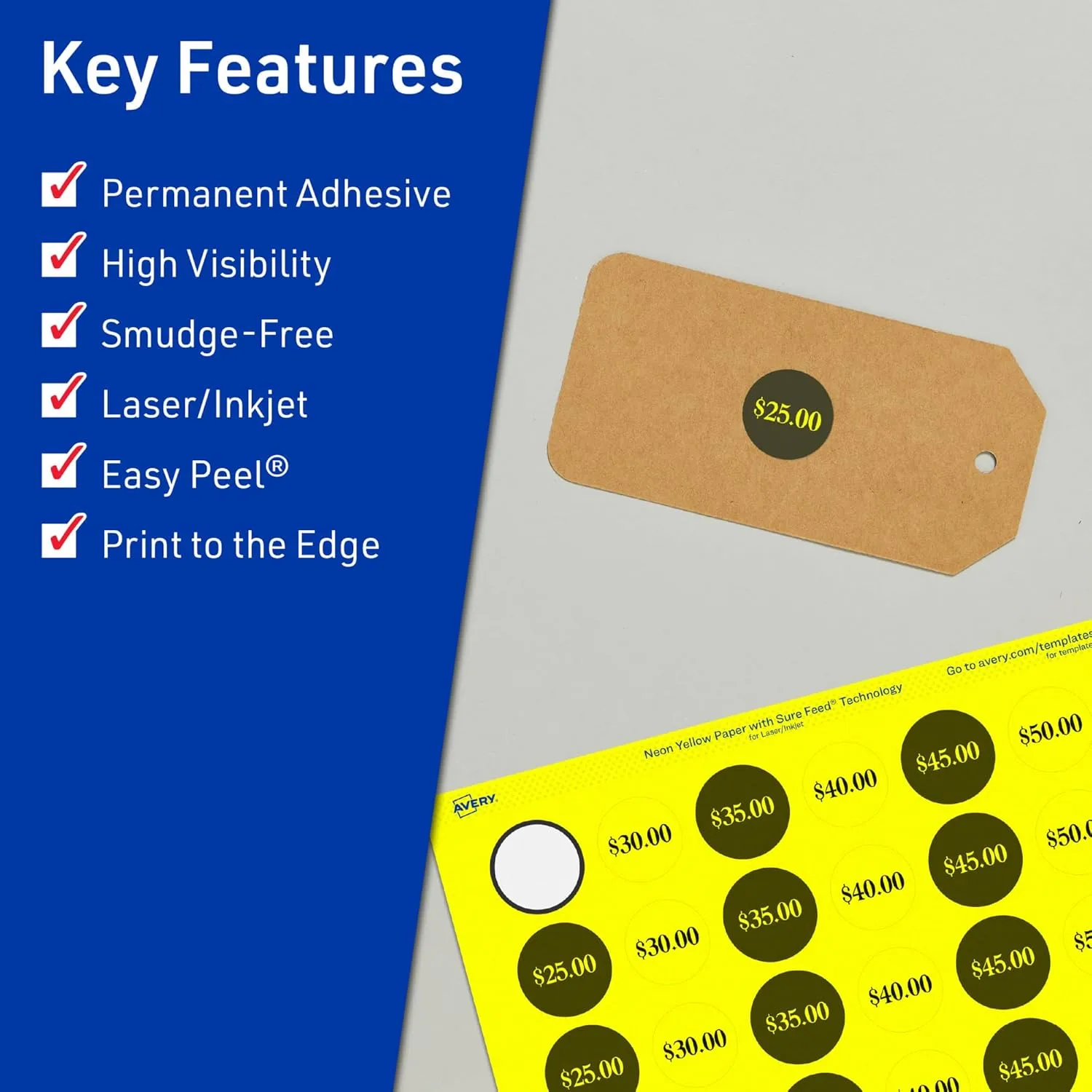 Avery Printable Round Labels, Sure Feed Technology, 1-1/4" Diameter, Neon Yellow Labels, Print-to-The-Edge, Laser/Inkjet