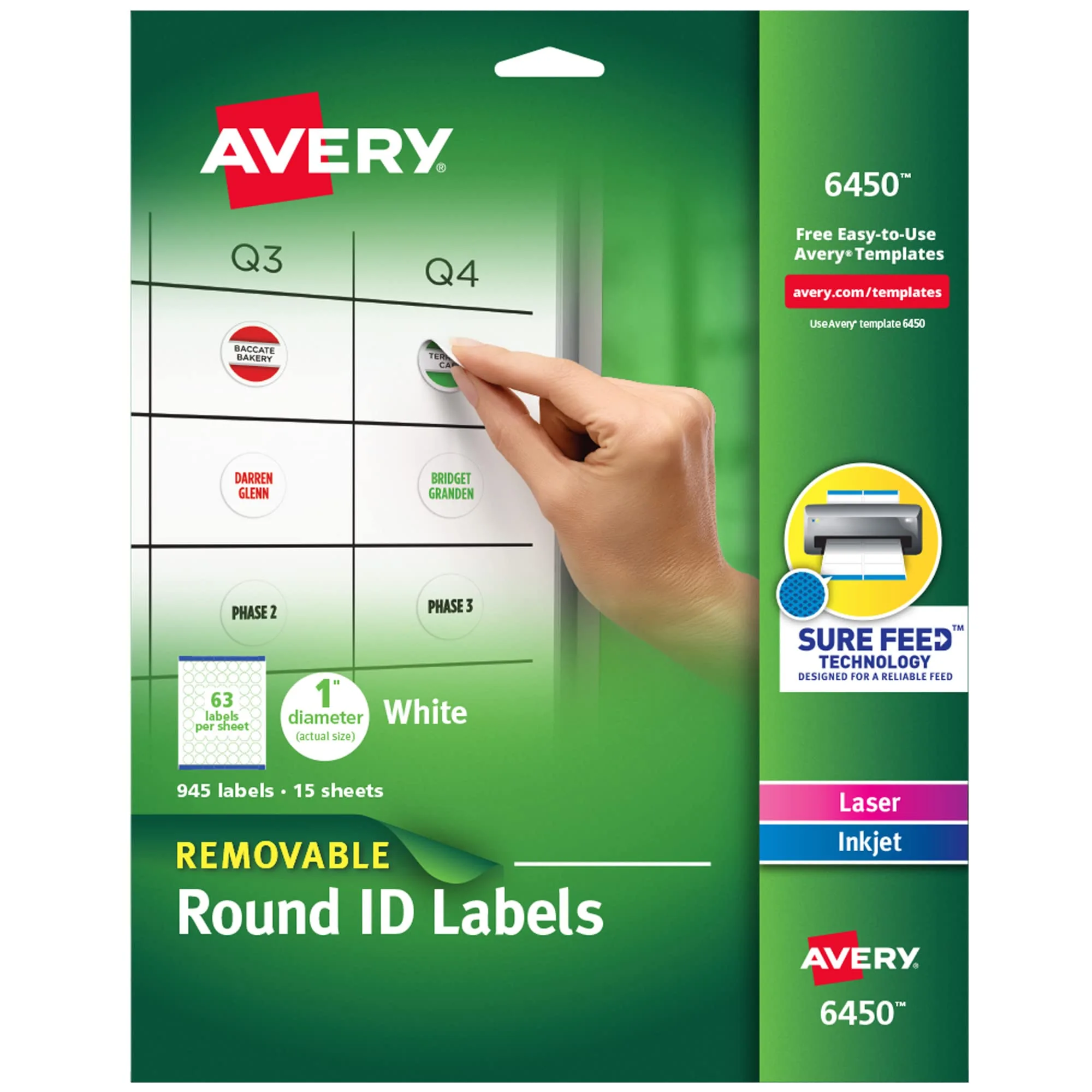 Avery Multiuse Removable 1" Round Labels with Sure Feed, 945 Small White Labels for Organization and Storage (6450) 1 Pack