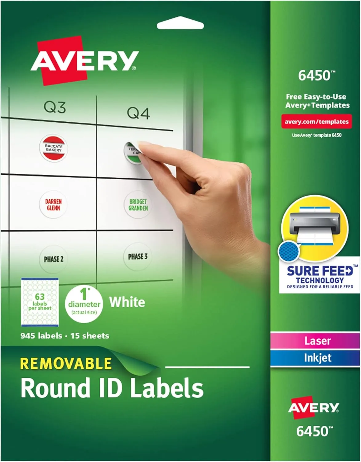 Avery Multiuse Removable 1" Round Labels with Sure Feed, 945 Small White Labels for Organization and Storage (6450) 1 Pack
