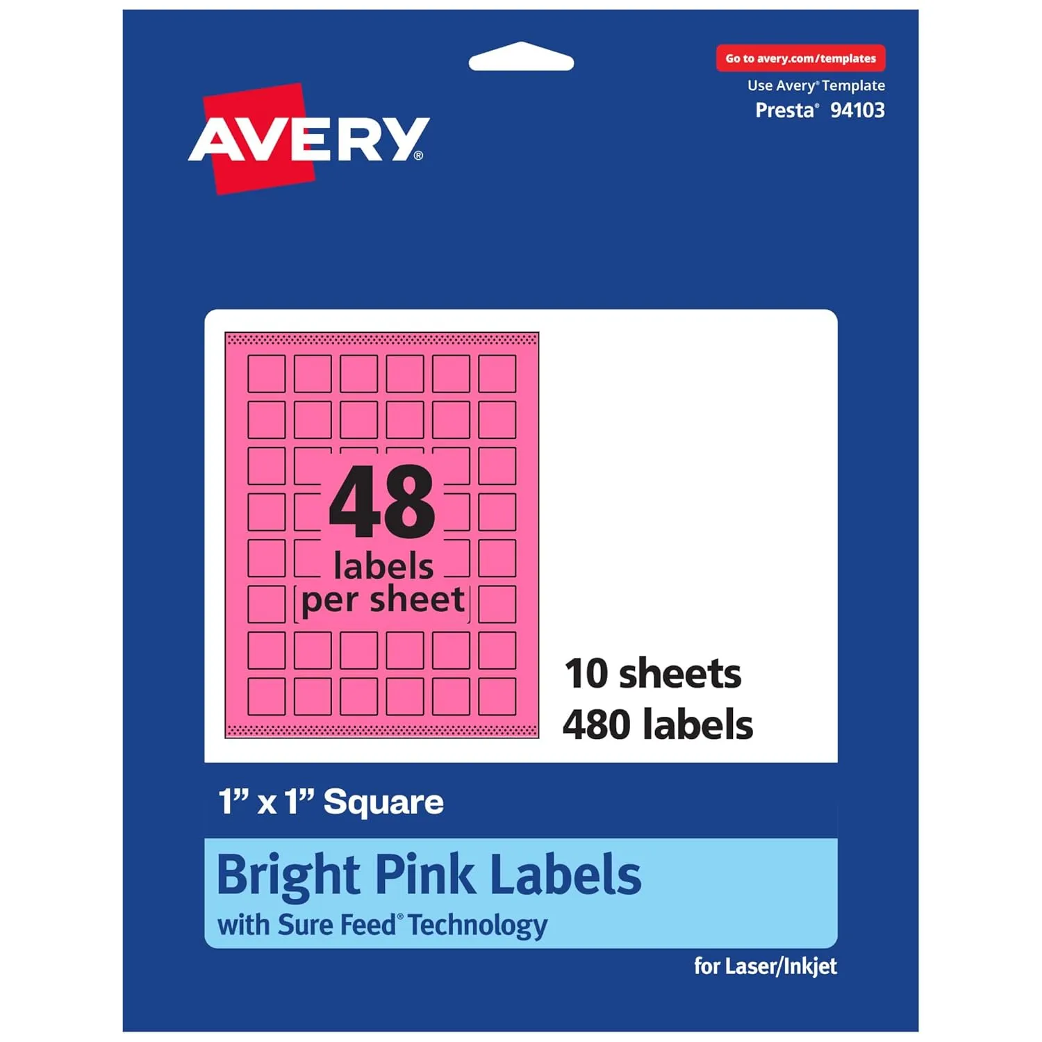 AVERY Printable Square Labels, Sure Feed Technology, 1" x 1", Bright Pink, Print-to-the-Edge