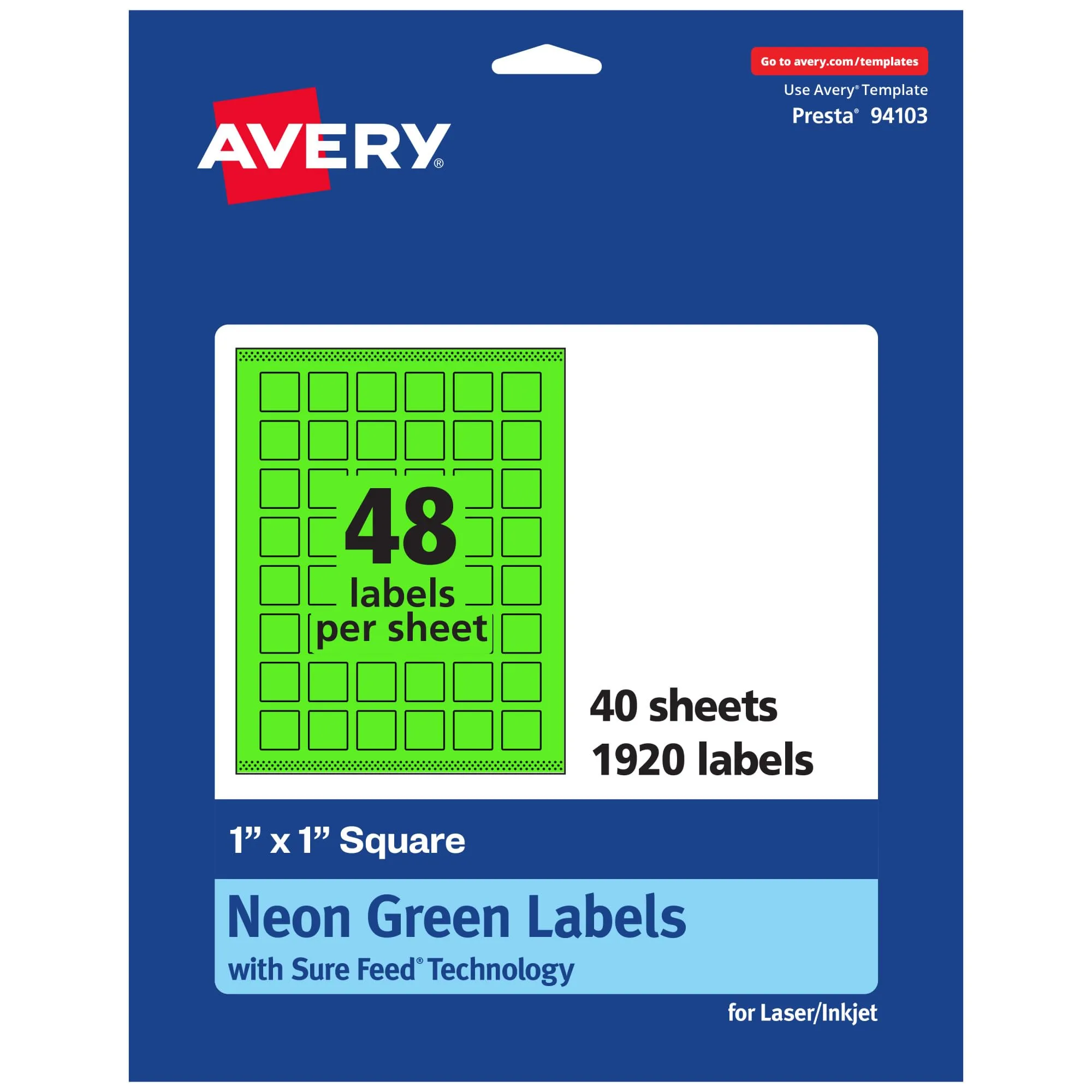 Avery Printable Square Labels, Sure Feed Technology, 1" x 1", Neon Green, Print-to-the-Edge, Laser/Inkjet Printable