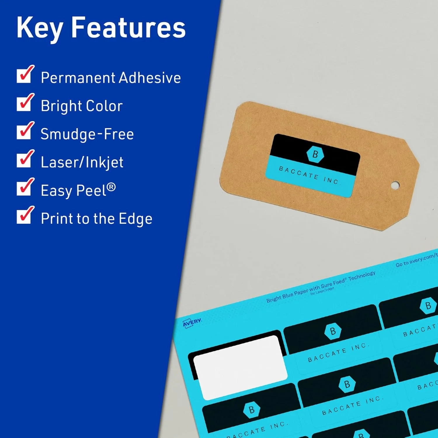 Avery Printable Rectangle Labels, Sure Feed Technology, 3/4" x 3-1/2", Bright Blue