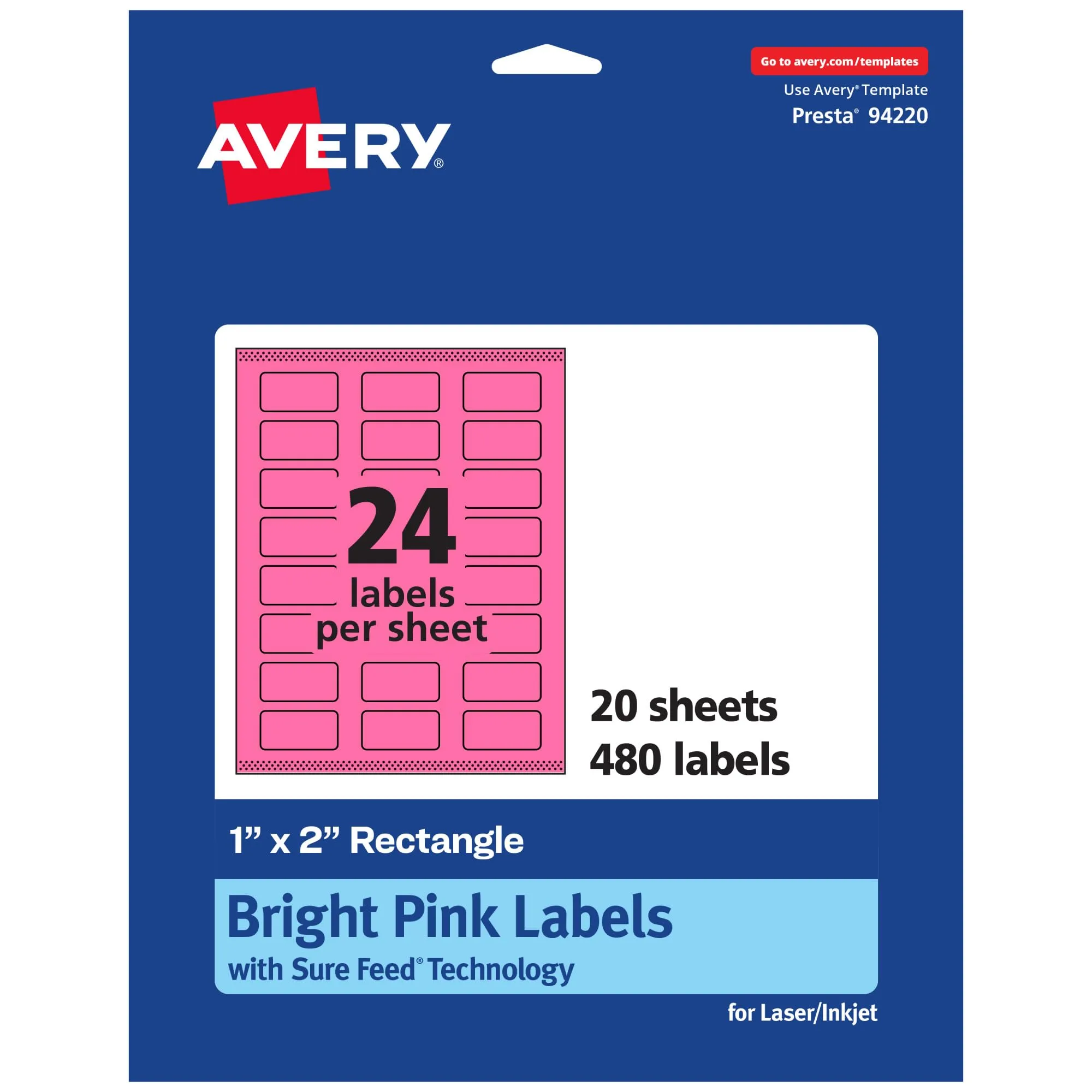 Avery Printable Rectangle Labels, Sure Feed Technology, 1" x 2", Bright Pink, Print-to-the-Edge