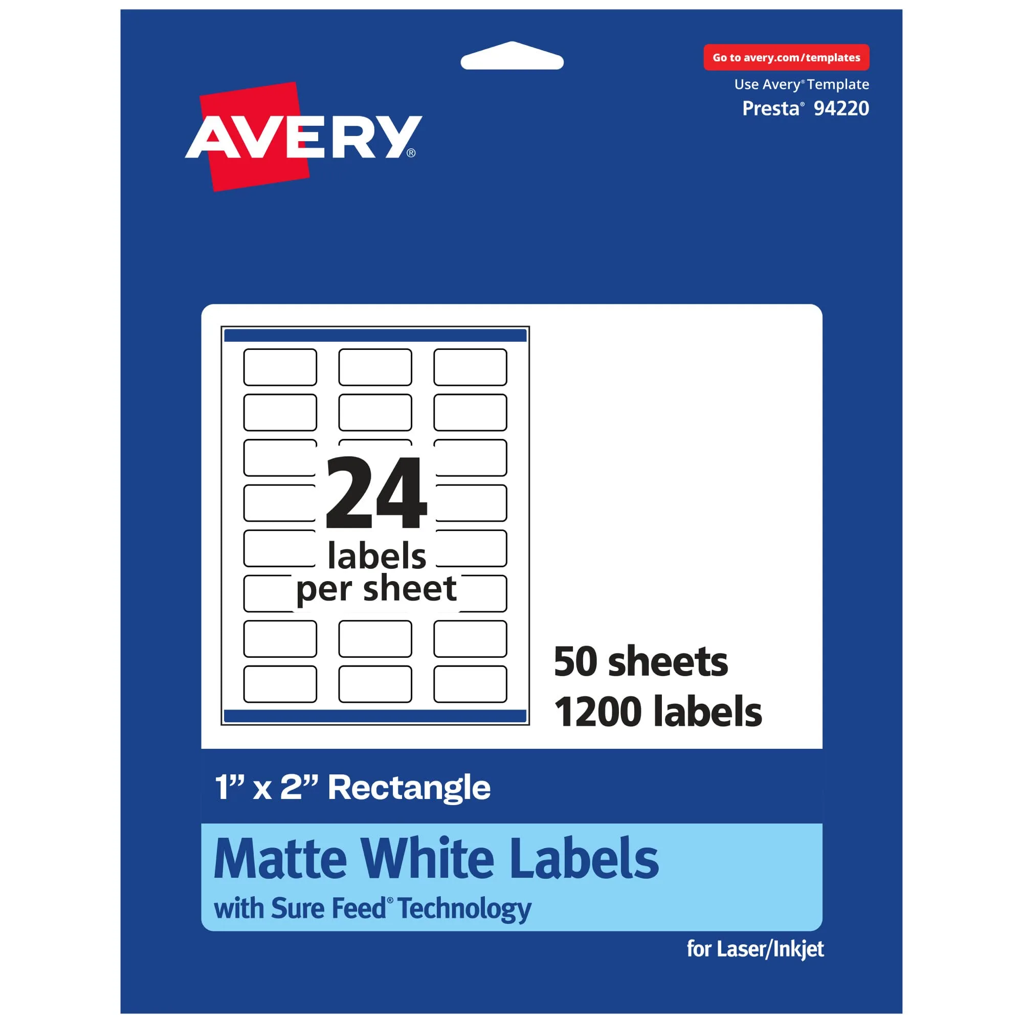AVERY Matte White Rectangle Labels, Sure Feed Technology, 1" x 2"