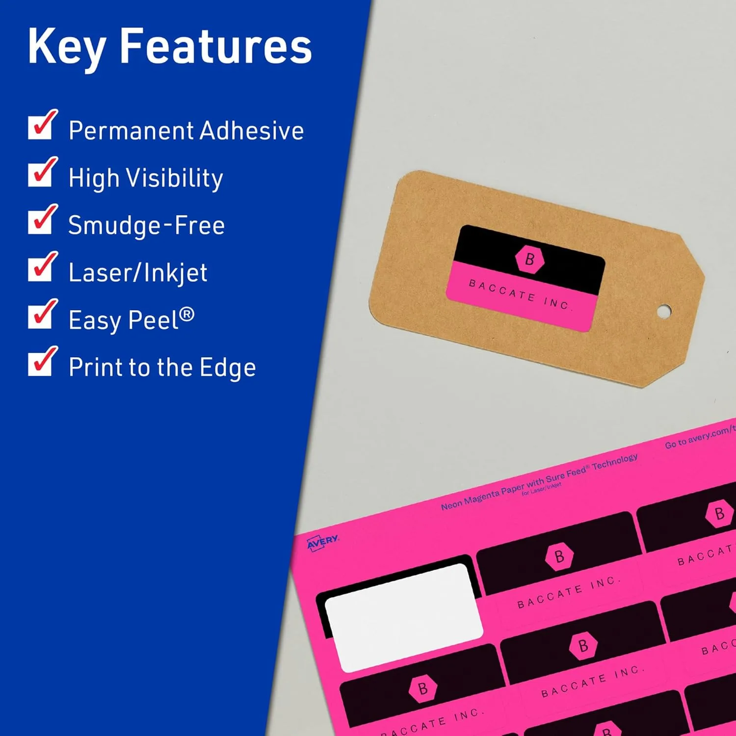 AVERY Printable Rectangle Labels, Sure Feed Technology, 1" x 2", Neon Magenta, Print-to-The-Edge, Laser/Inkjet Printable
