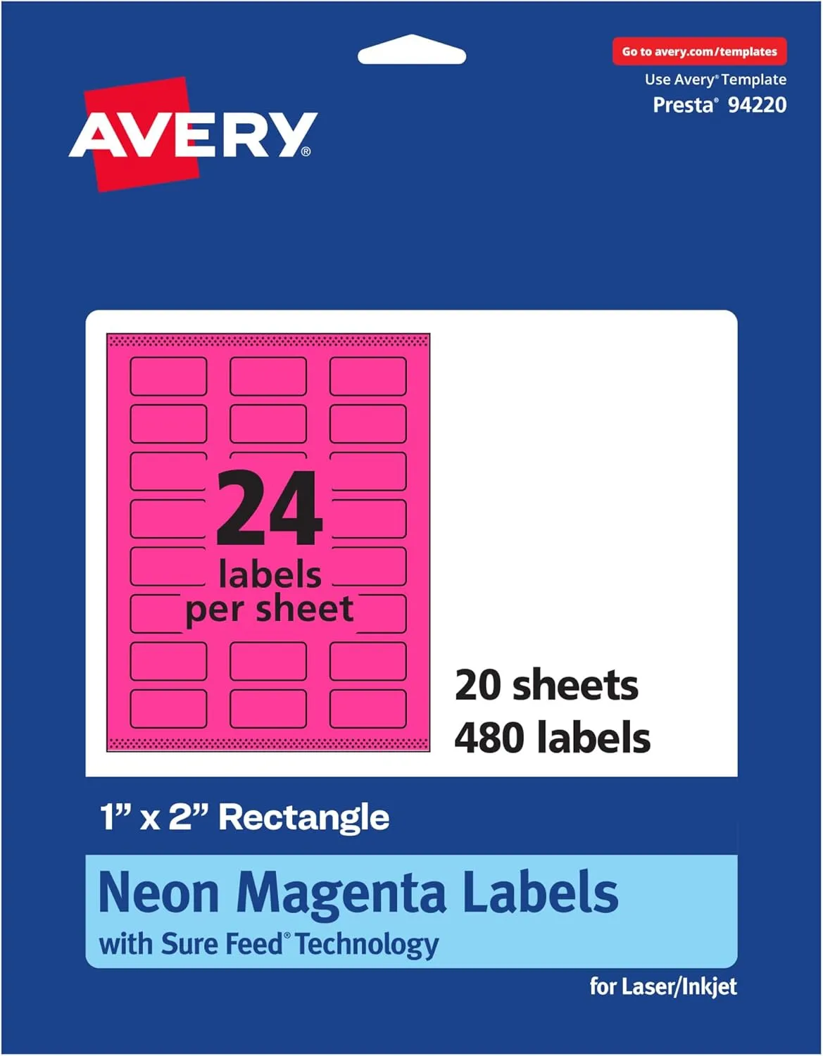 AVERY Printable Rectangle Labels, Sure Feed Technology, 1" x 2", Neon Magenta, Print-to-The-Edge, Laser/Inkjet Printable