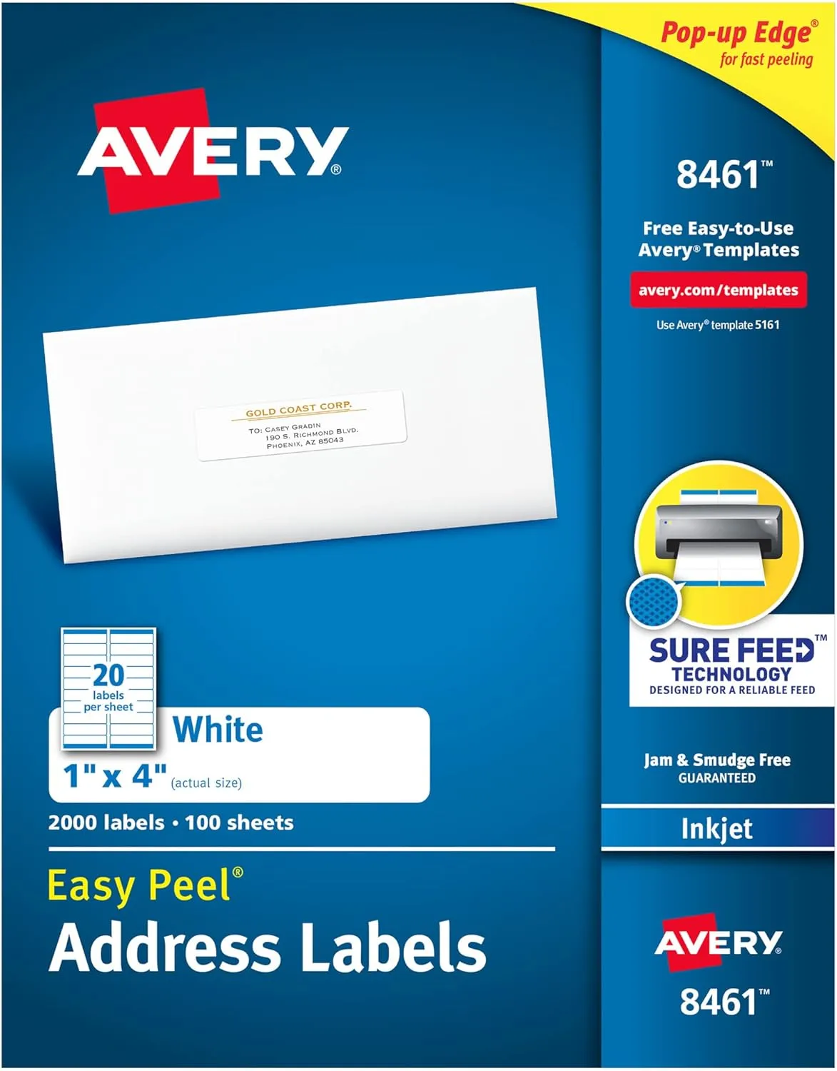 Avery Easy Peel Address Labels, 1 x 4 in, White, Sure Feed