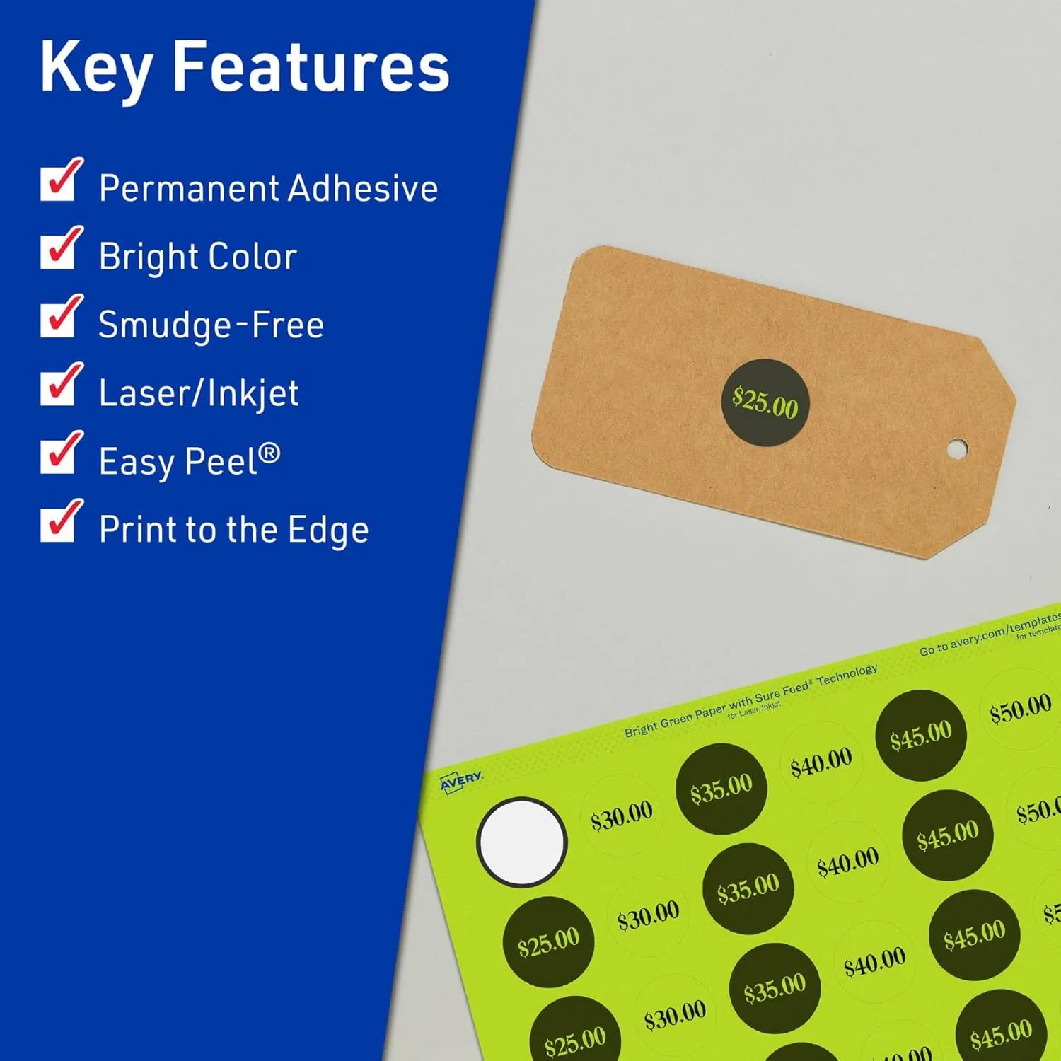 Avery Printable Round Labels, Sure Feed Technology, 1" Diameter, Bright Green Labels, Print-to-The-Edge, Laser/Inkjet