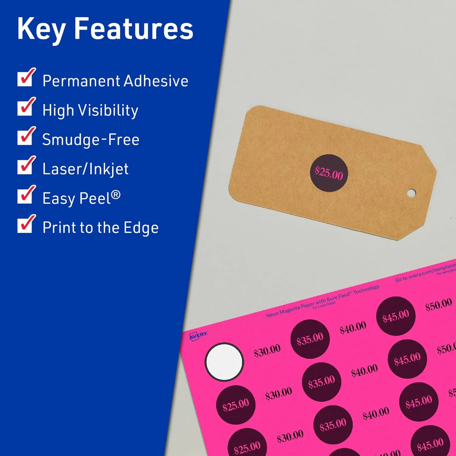 Avery Printable Round Labels, Sure Feed Technology, 3/4 in Diameter, Neon Magenta, Print-to-The-Edge, Laser/Inkjet