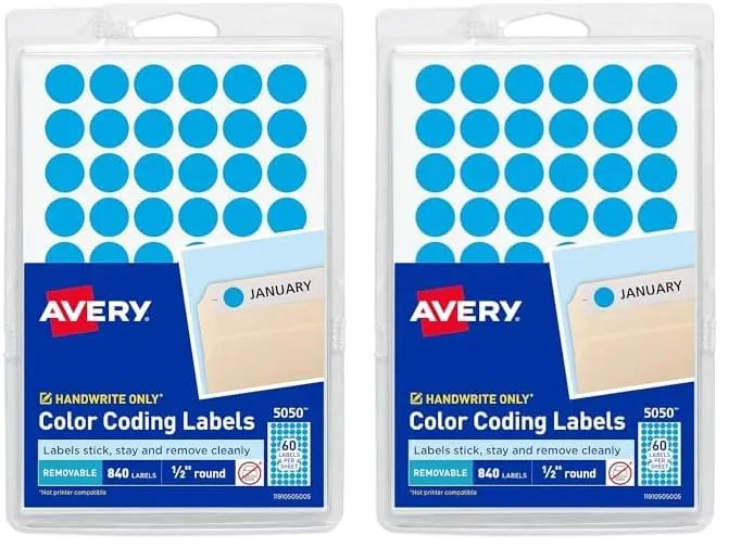 Avery Color-Coding Removable Labels, 1/2 Inch Round Stickers, Light Blue, 840 Dot Stickers (5050)