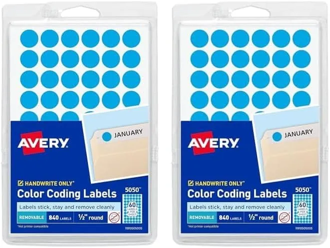 Avery Color-Coding Removable Labels, 1/2 Inch Round Stickers, Light Blue, 840 Dot Stickers (5050)