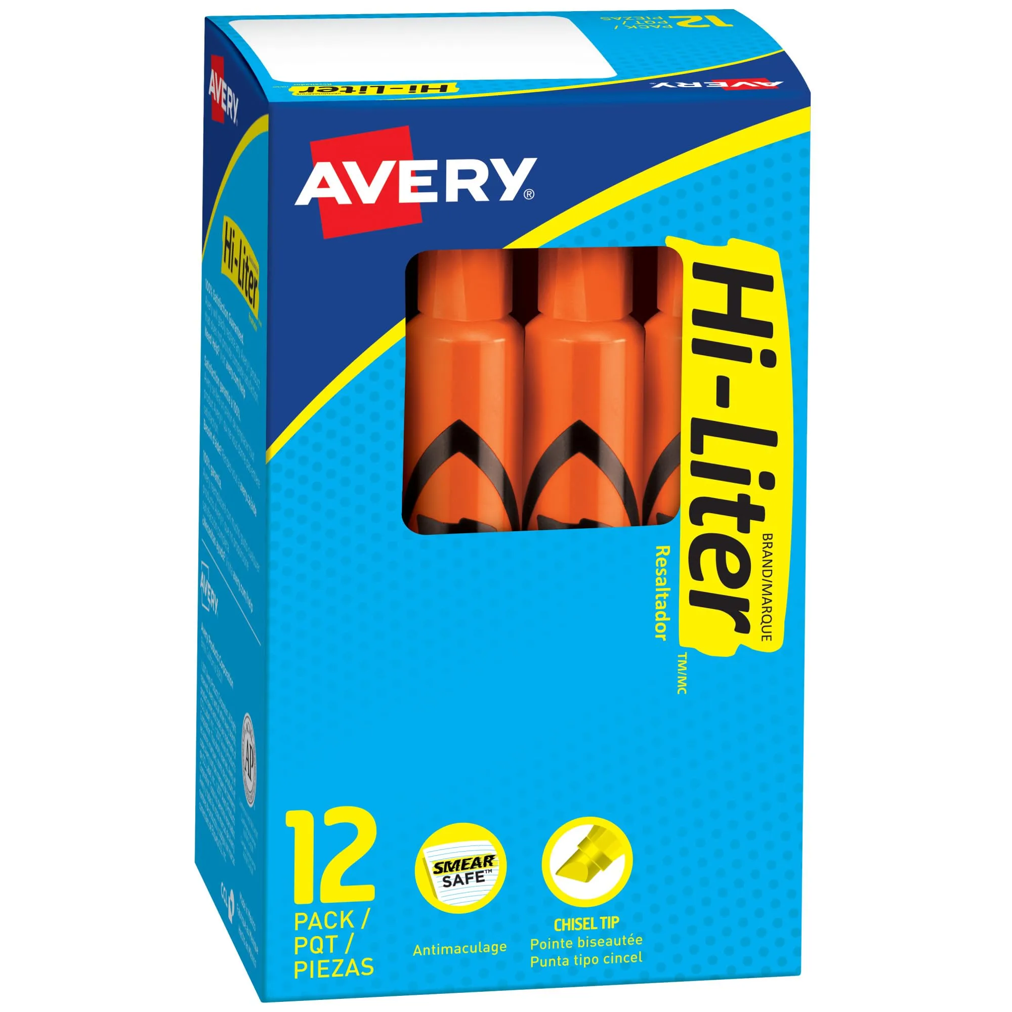 Avery Hi-Liter Desk-Style Highlighters, Smear Safe Ink, Chisel Tip, 12 Fluorescent Orange Highlighters (24050) 1 Count (Pack of 1)