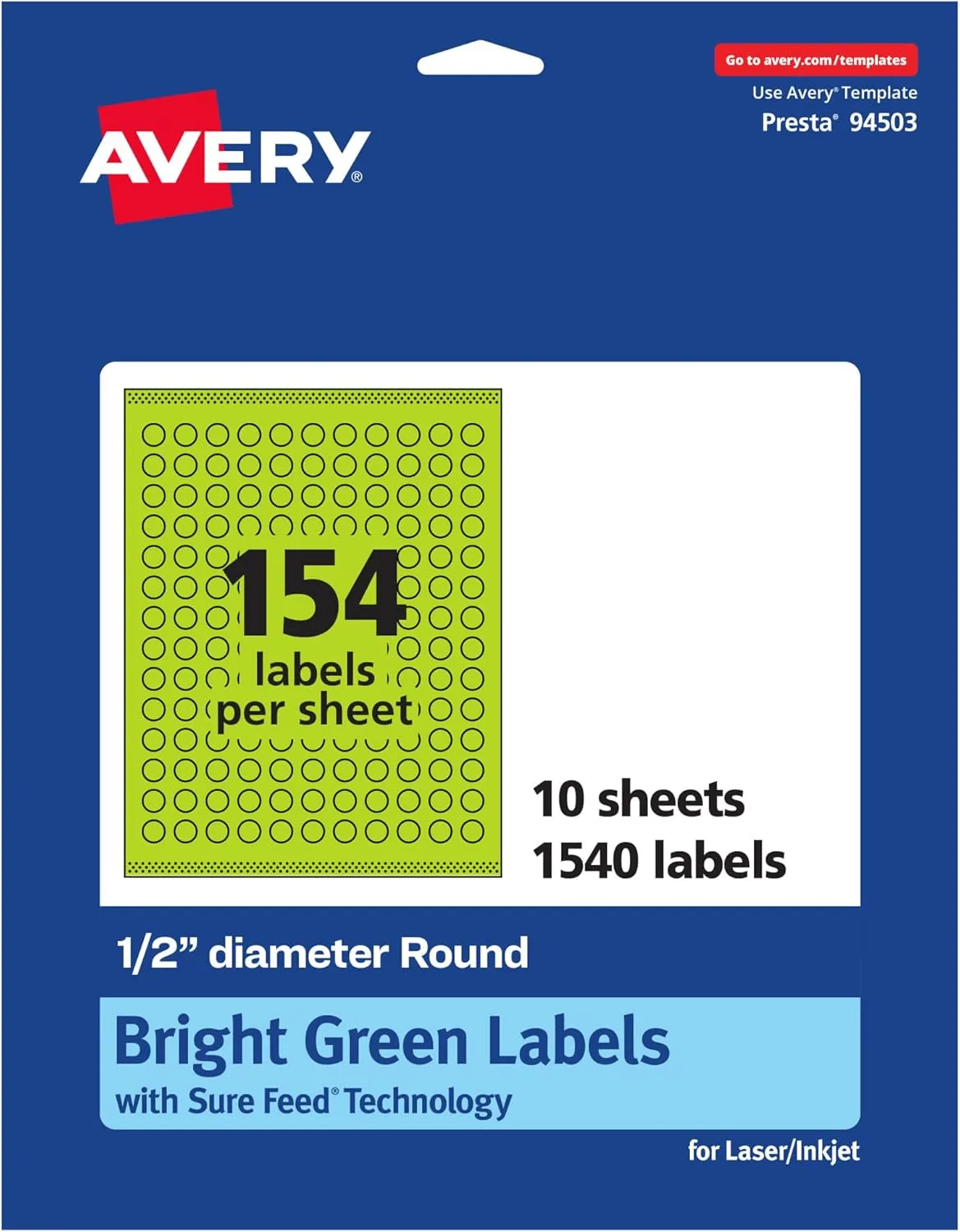 Avery Printable Round Labels, Sure Feed Technology, 1/2" Diameter, Bright Green, Print-to-The-Edge, Laser/Inkjet