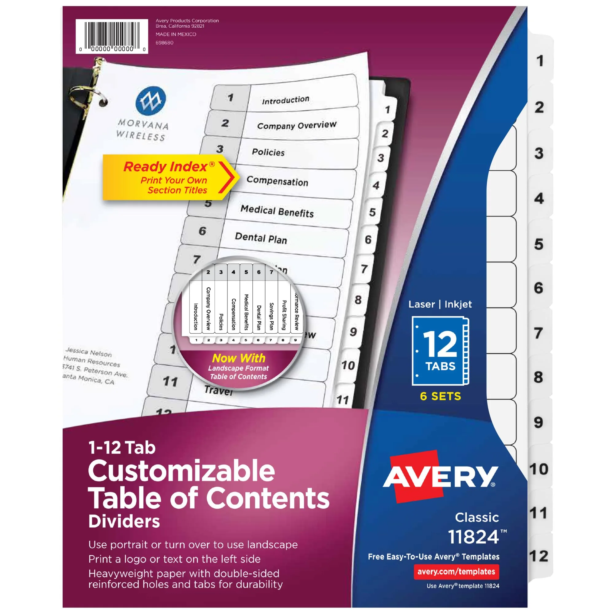 Avery 12 Tab Dividers for 3 Ring Binders, Customizable Table of Contents, Classic White Tabs, 6 Sets (11824)