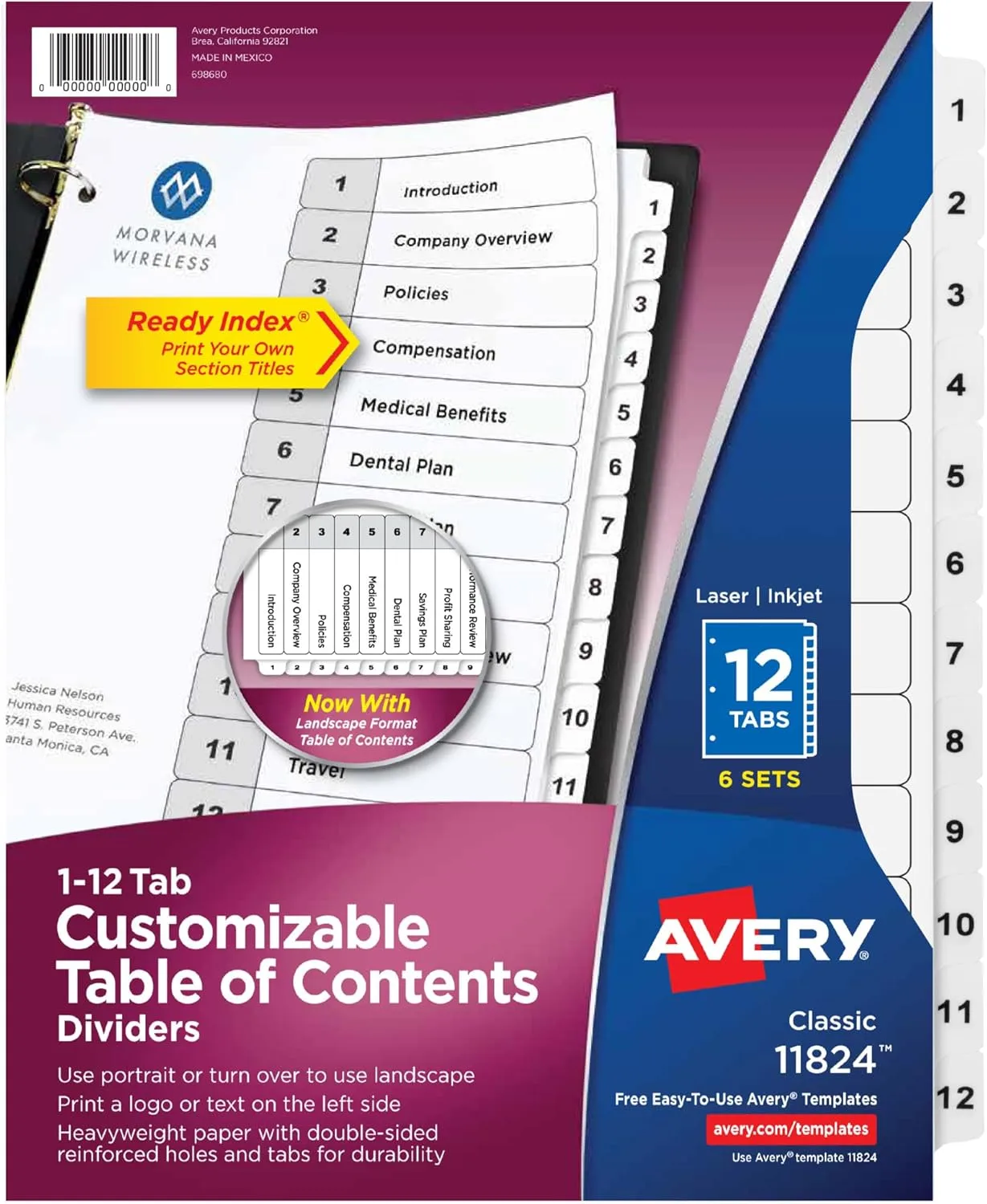Avery 12 Tab Dividers for 3 Ring Binders, Customizable Table of Contents, Classic White Tabs, 6 Sets (11824)