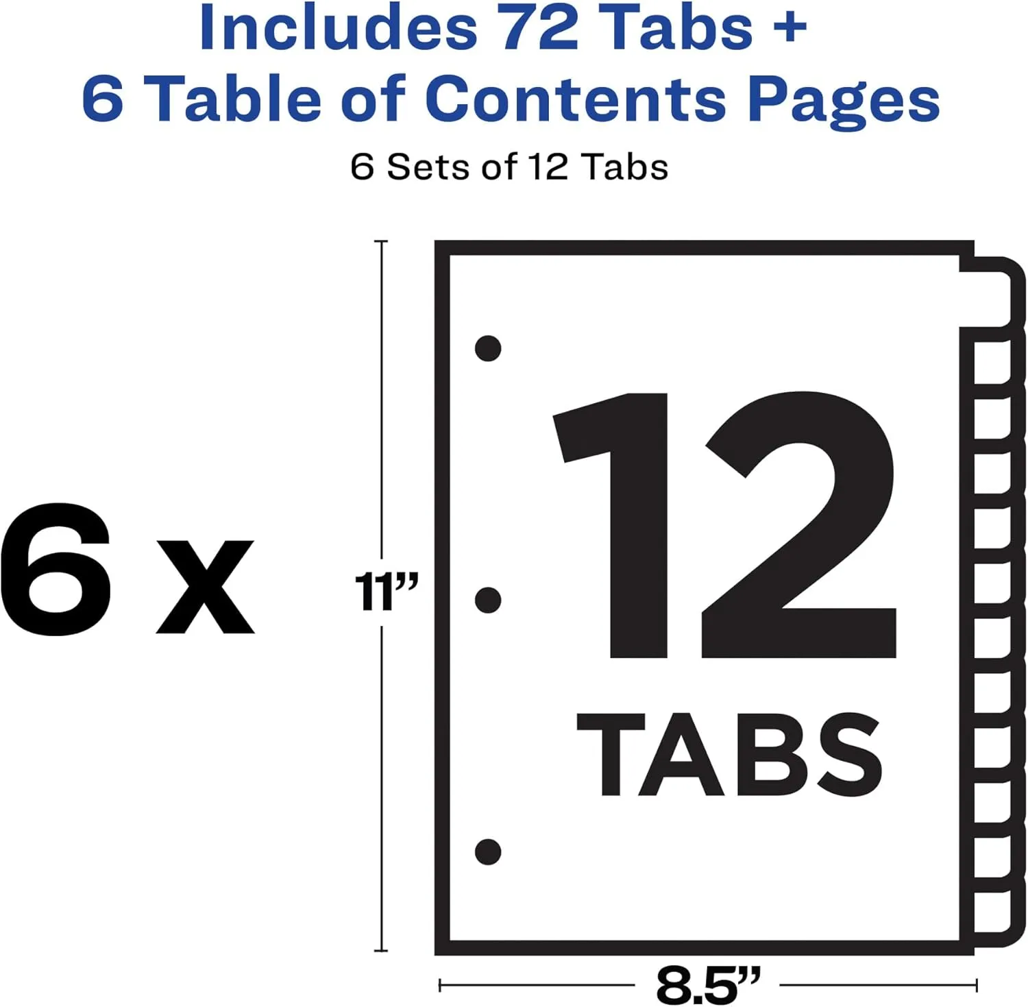 Avery 12 Tab Dividers for 3 Ring Binders, Customizable Table of Contents, Classic White Tabs, 6 Sets (11824)