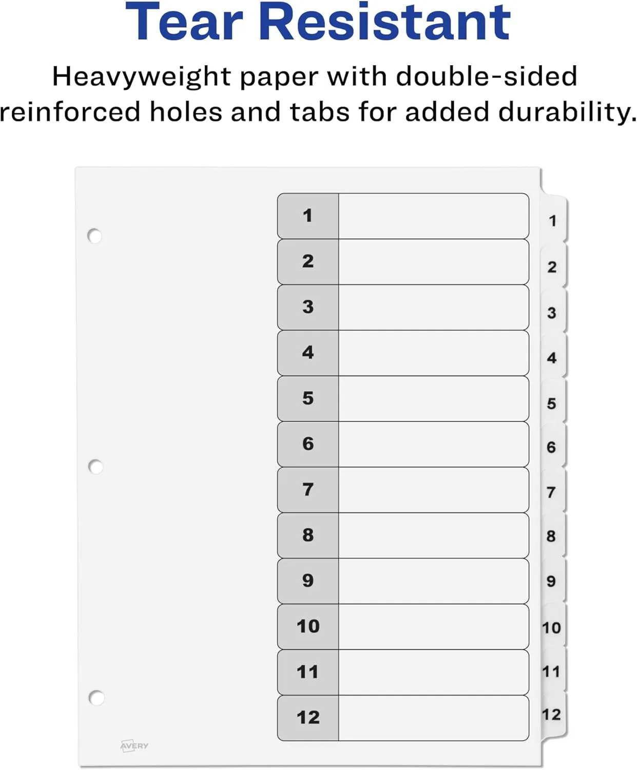 Avery 12 Tab Dividers for 3 Ring Binders, Customizable Table of Contents, Classic White Tabs, 6 Sets (11824)