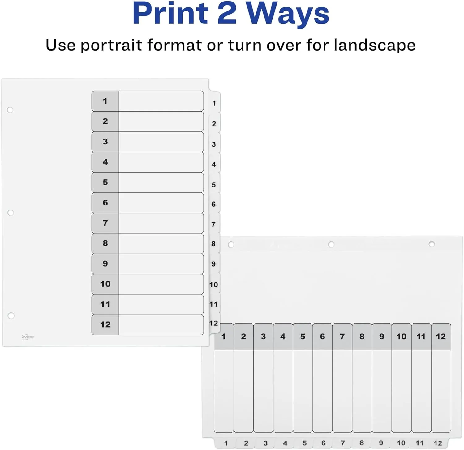 Avery 12 Tab Dividers for 3 Ring Binders, Customizable Table of Contents, Classic White Tabs, 6 Sets (11824)