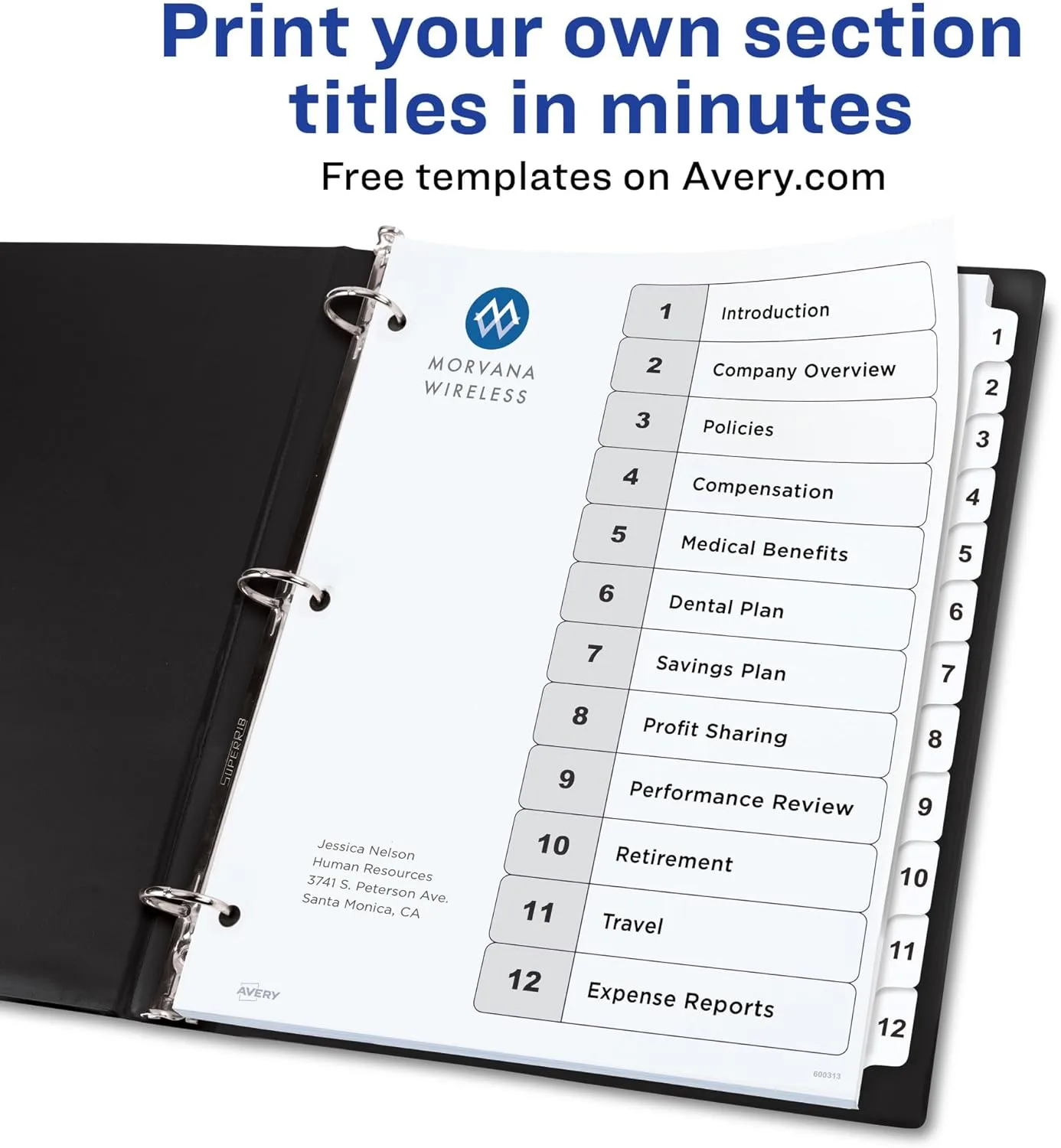 Avery 12 Tab Dividers for 3 Ring Binders , Customizable Table of Contents, Classic White Tabs, 1 Set (11140)
