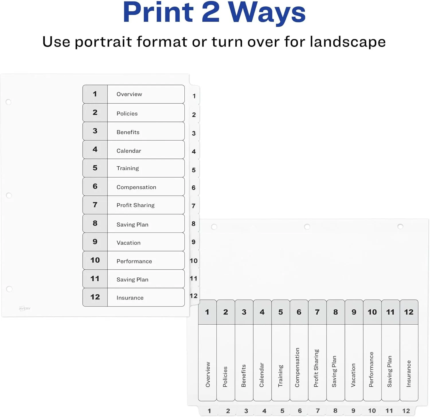 Avery 12 Tab Dividers for 3 Ring Binders , Customizable Table of Contents, Classic White Tabs, 1 Set (11140)